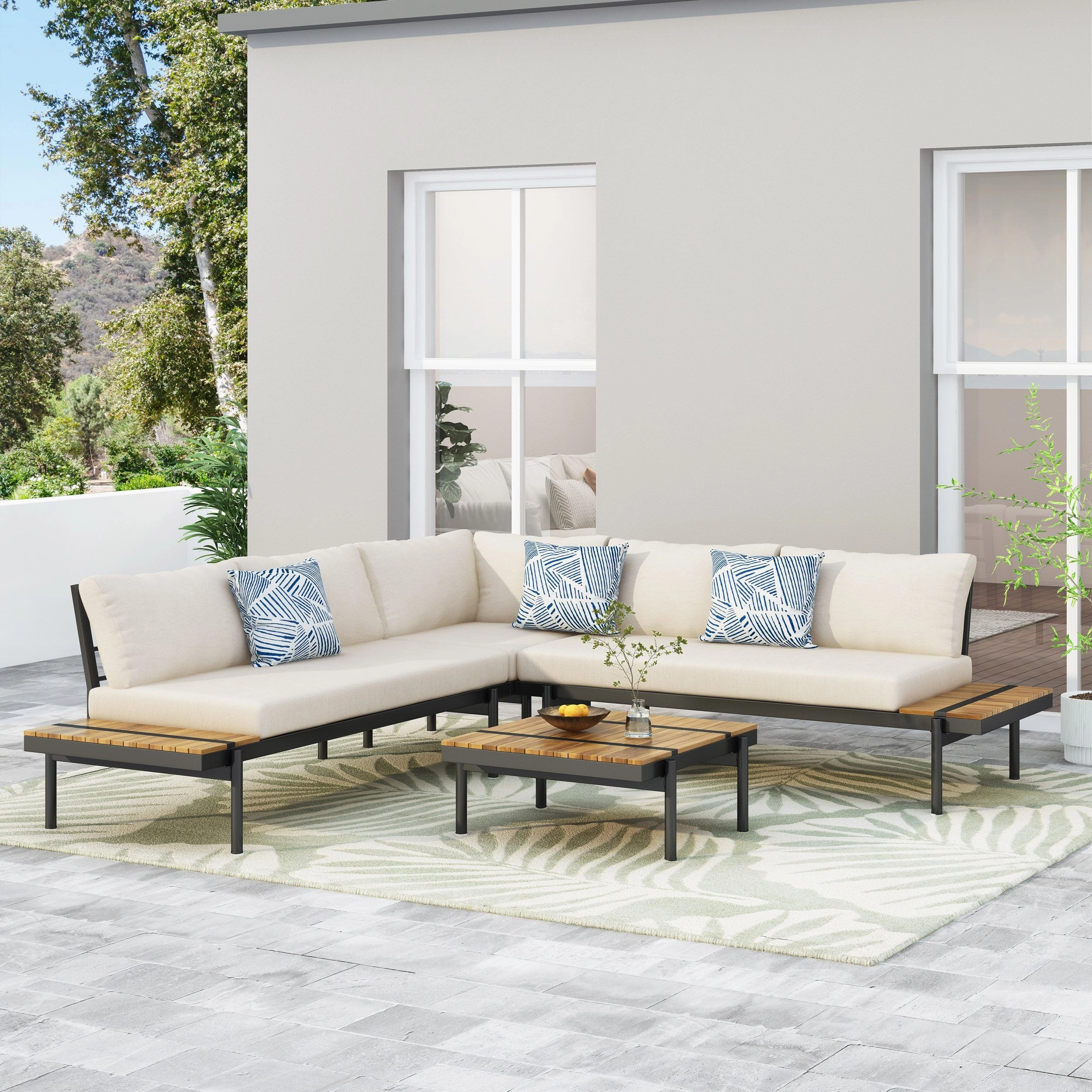 Outdoor Acacia Wood 5 Seater Sectional Sofa Set with Water Resistant Cushions, Teak, Black, and Cream - NH267413