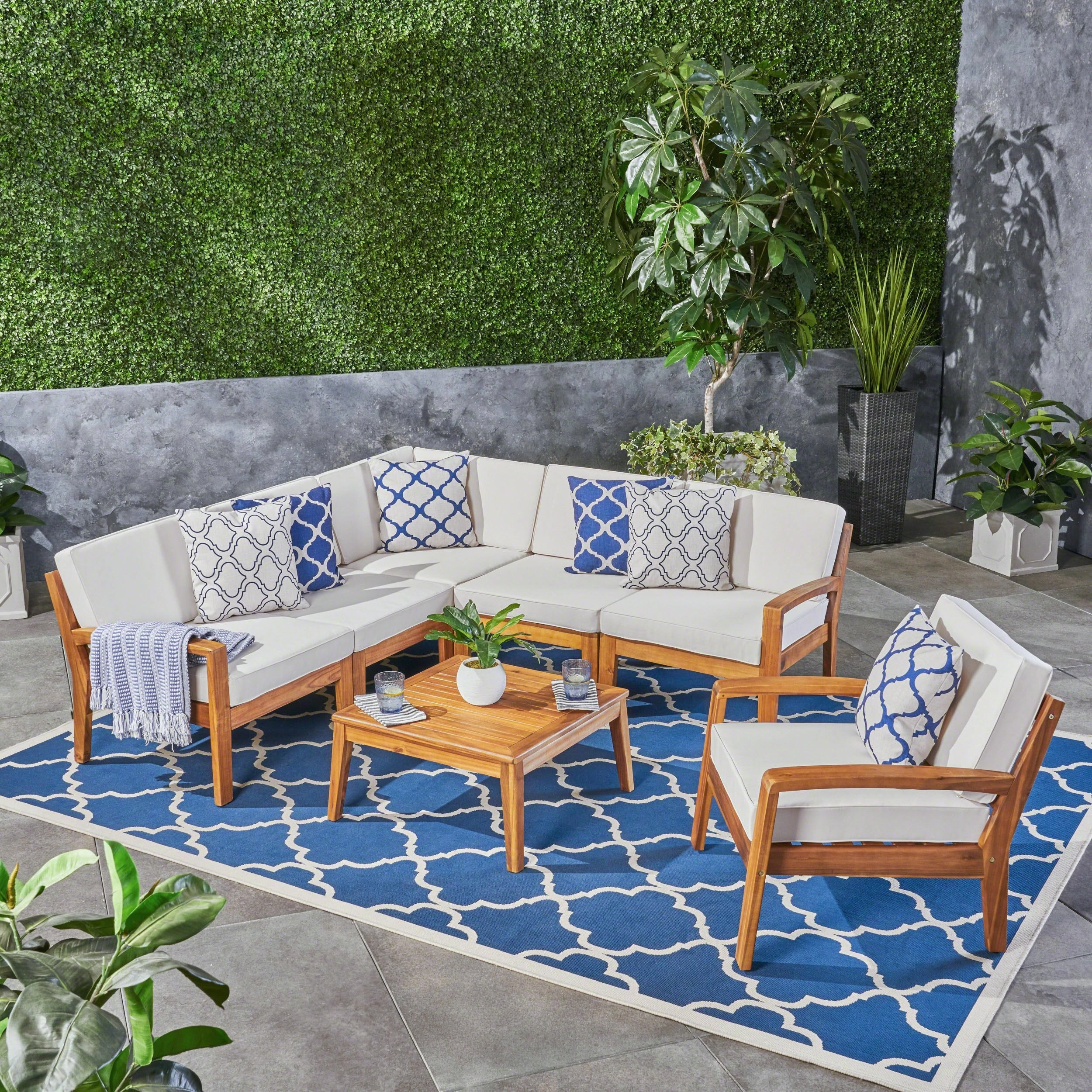 Outdoor Acacia Wood 6 Seater Sectional Sofa and Club Chair Set with Coffee Table - NH345603 serving bowl, serving dish