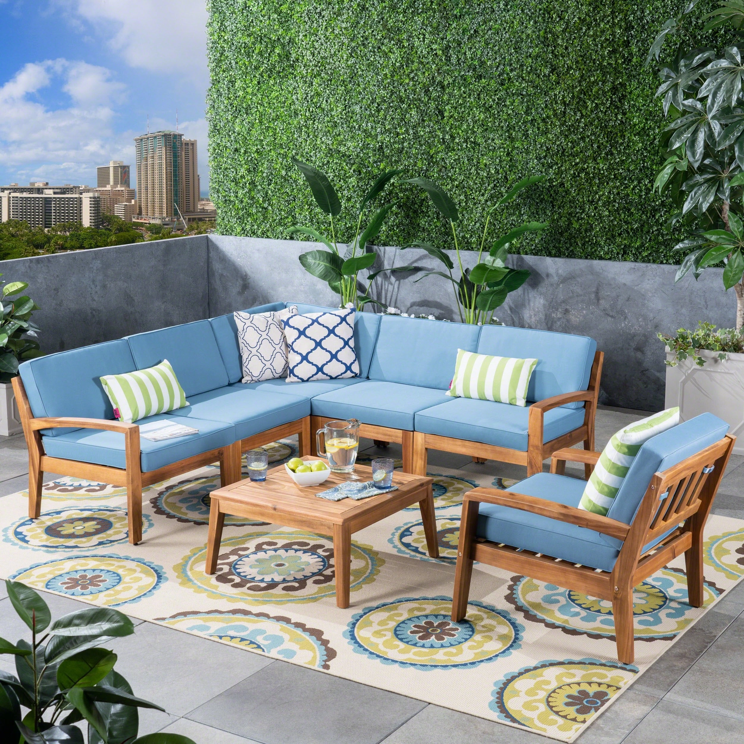 Outdoor Acacia Wood 6 Seater Sectional Sofa and Club Chair Set with Coffee Table - NH345603