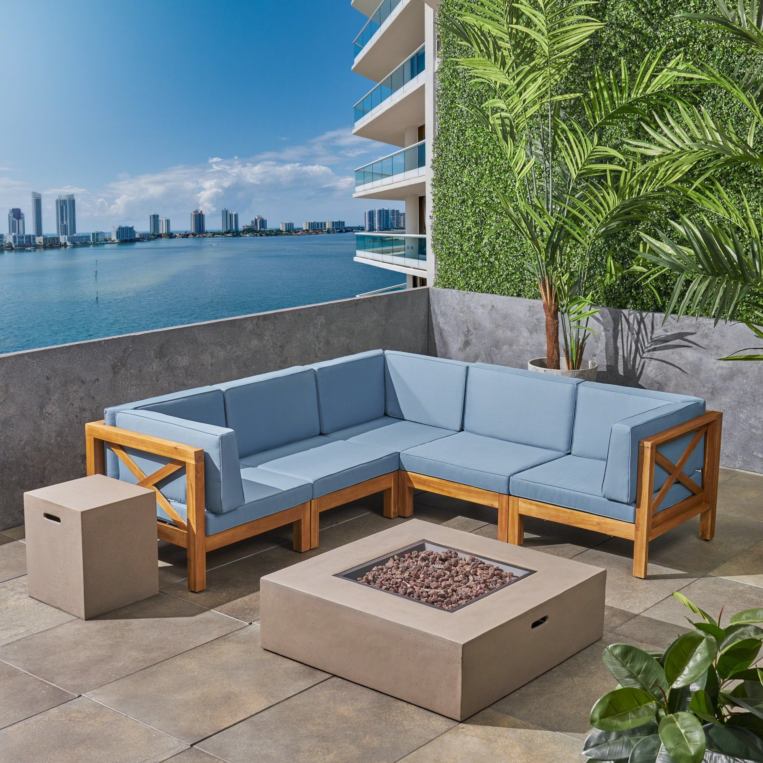 Outdoor Acacia Wood 7-Piece Sectional Sofa Set with Fire Pit - NH917603 serving bowl, serving dish