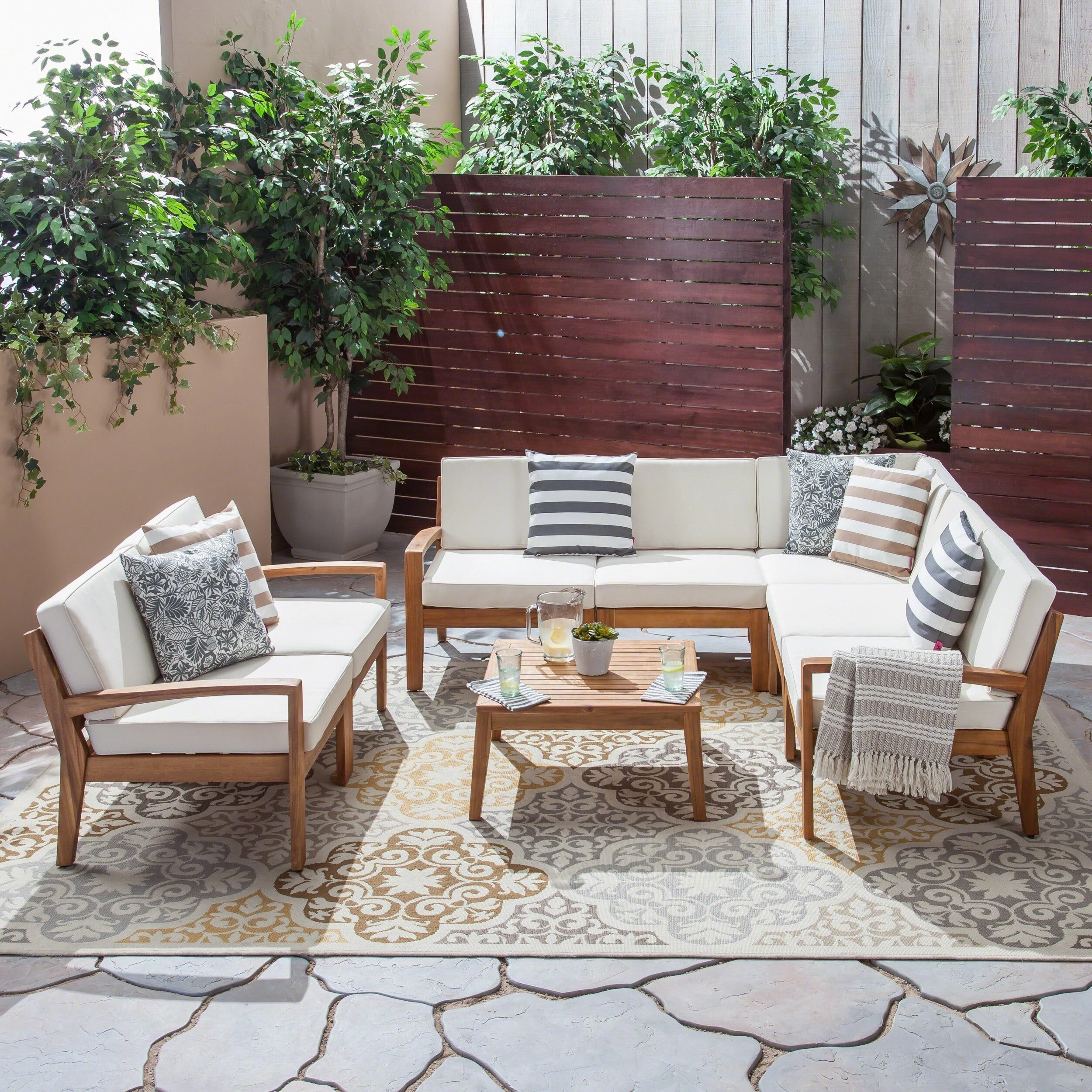 Outdoor Acacia Wood 7 Seater Sectional Sofa and Loveseat Set with Coffee Table - NH845603