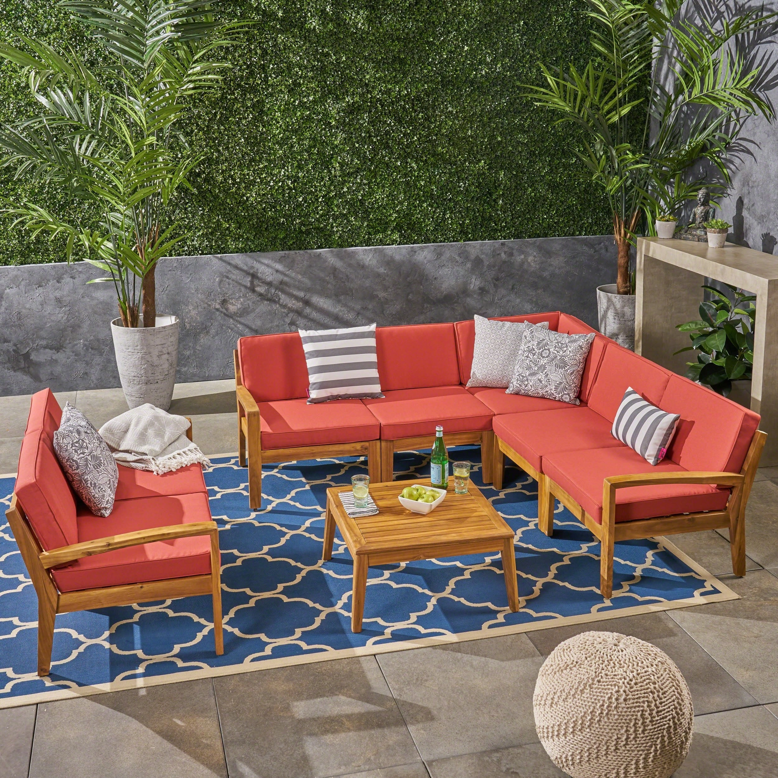 Outdoor Acacia Wood 7 Seater Sectional Sofa and Loveseat Set with Coffee Table - NH845603