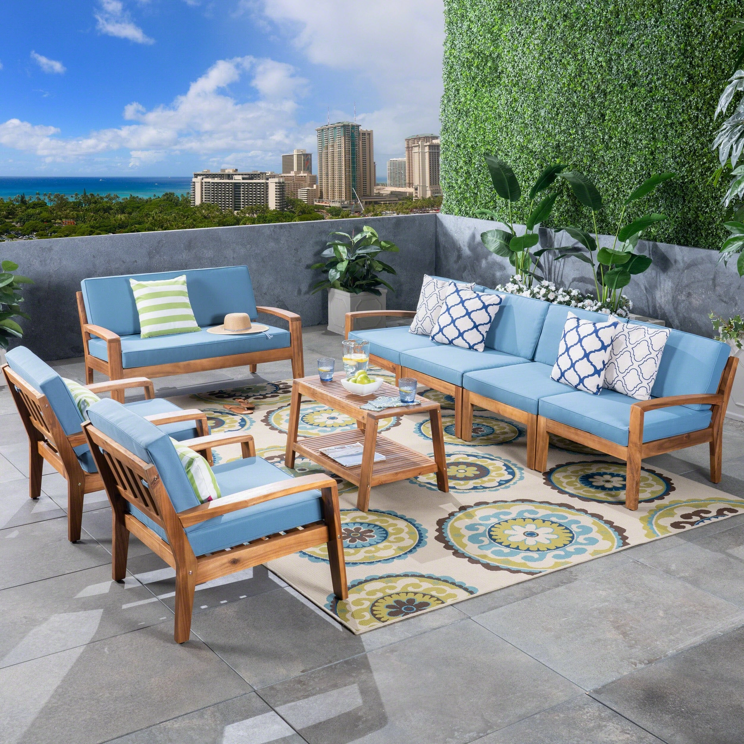Outdoor Acacia Wood 8 Seater Sectional Chat Set with Coffee Table - NH155603