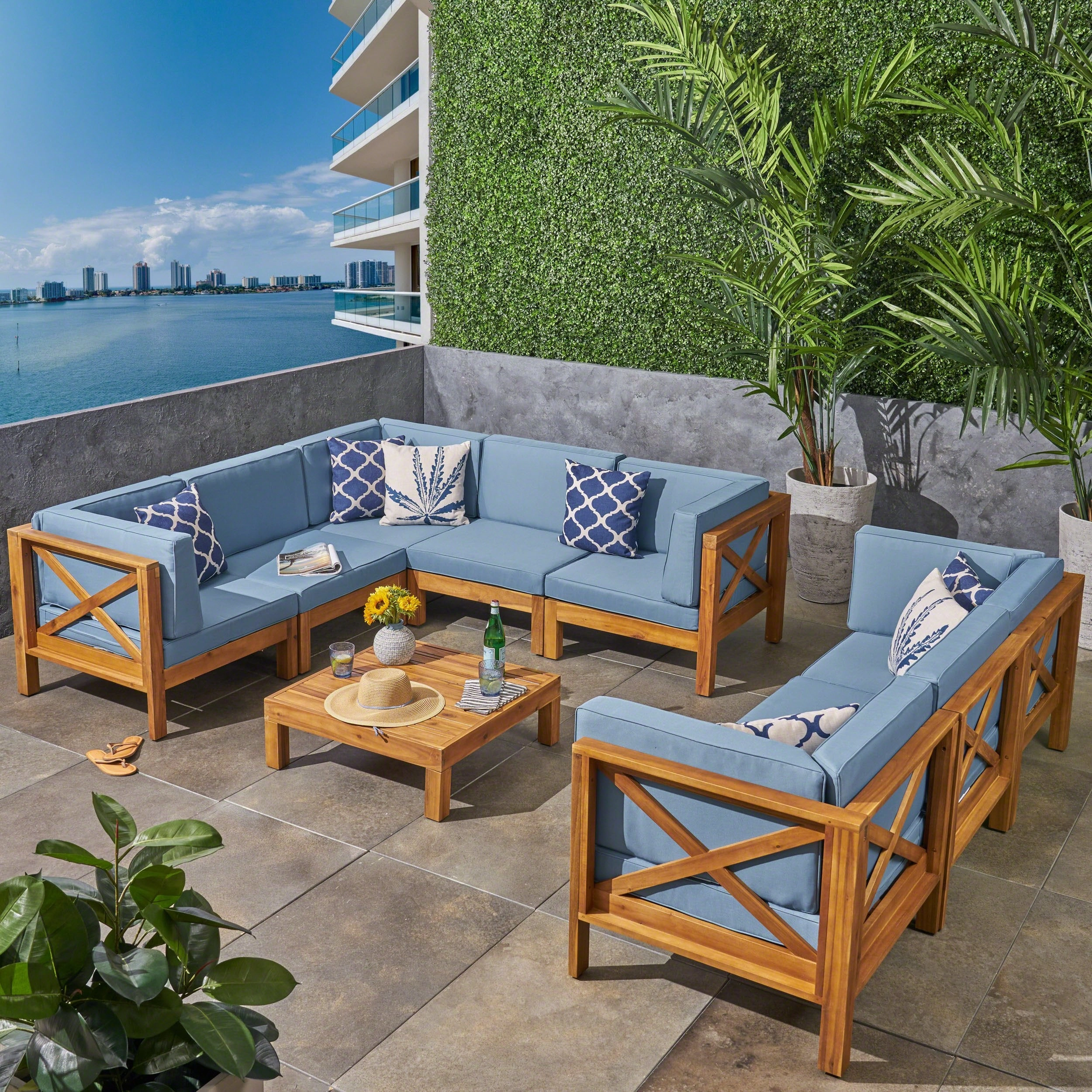 Outdoor Acacia Wood 8 Seater Sectional Sofa Set with Coffee Table, Teak, Blue - NH337603 serving bowl, serving dish