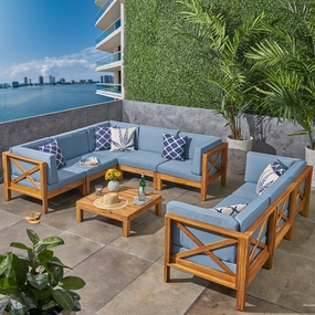Outdoor Acacia Wood 8 Seater Sectional Sofa Set with Coffee Table, Teak, Blue - NH337603 serving bowl, serving dish