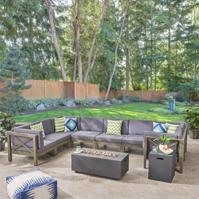 Outdoor Acacia Wood 8 Seater U-Shaped Sectional Sofa Set with Fire Pit - NH057603 serving bowl, serving dish