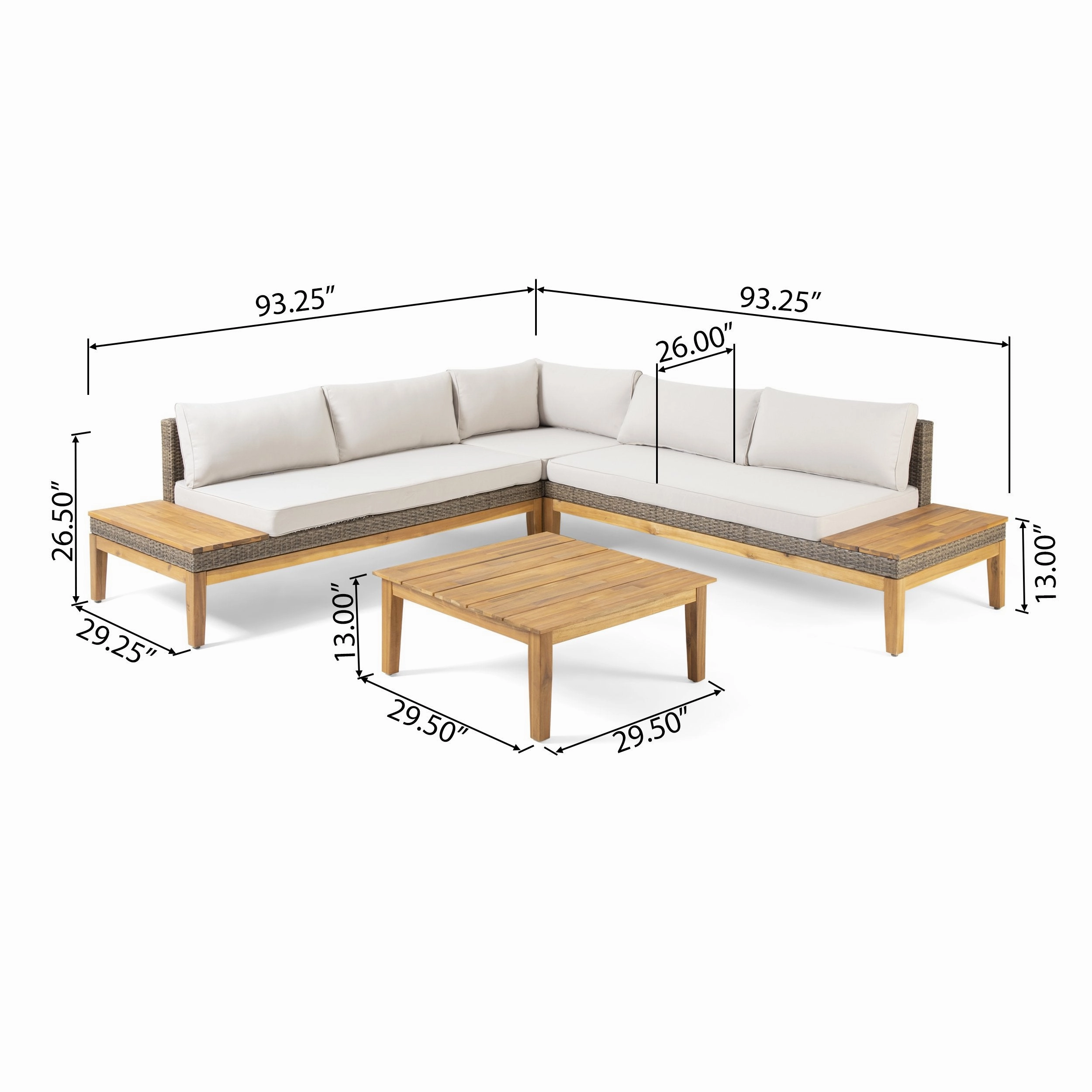 Outdoor Acacia Wood and Wicker 5 Seater Sectional Sofa Set with Water-Resistant Cushions - NH761113
