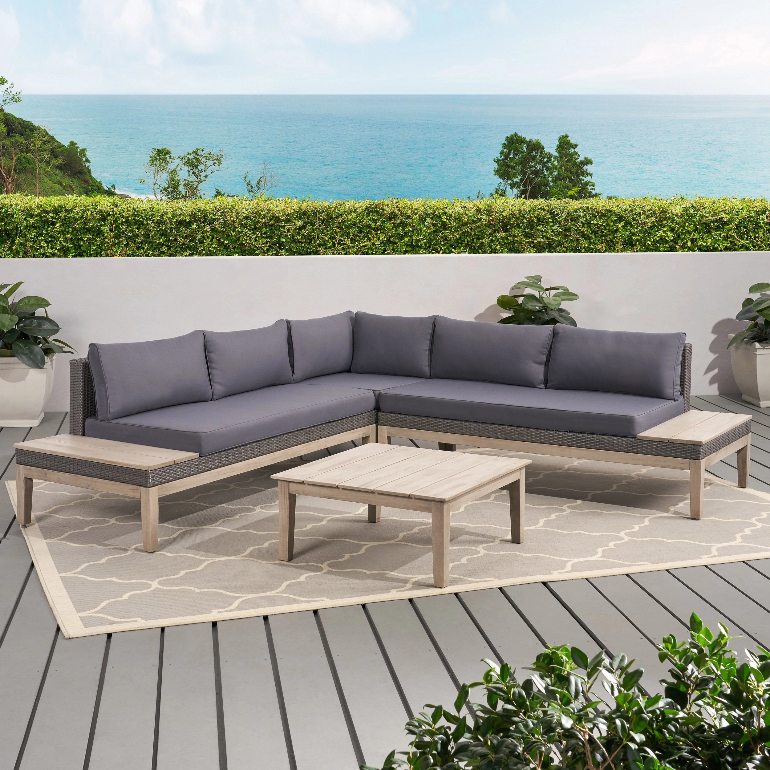Outdoor Acacia Wood and Wicker 5 Seater Sectional Sofa Set with Water-Resistant Cushions - NH761113