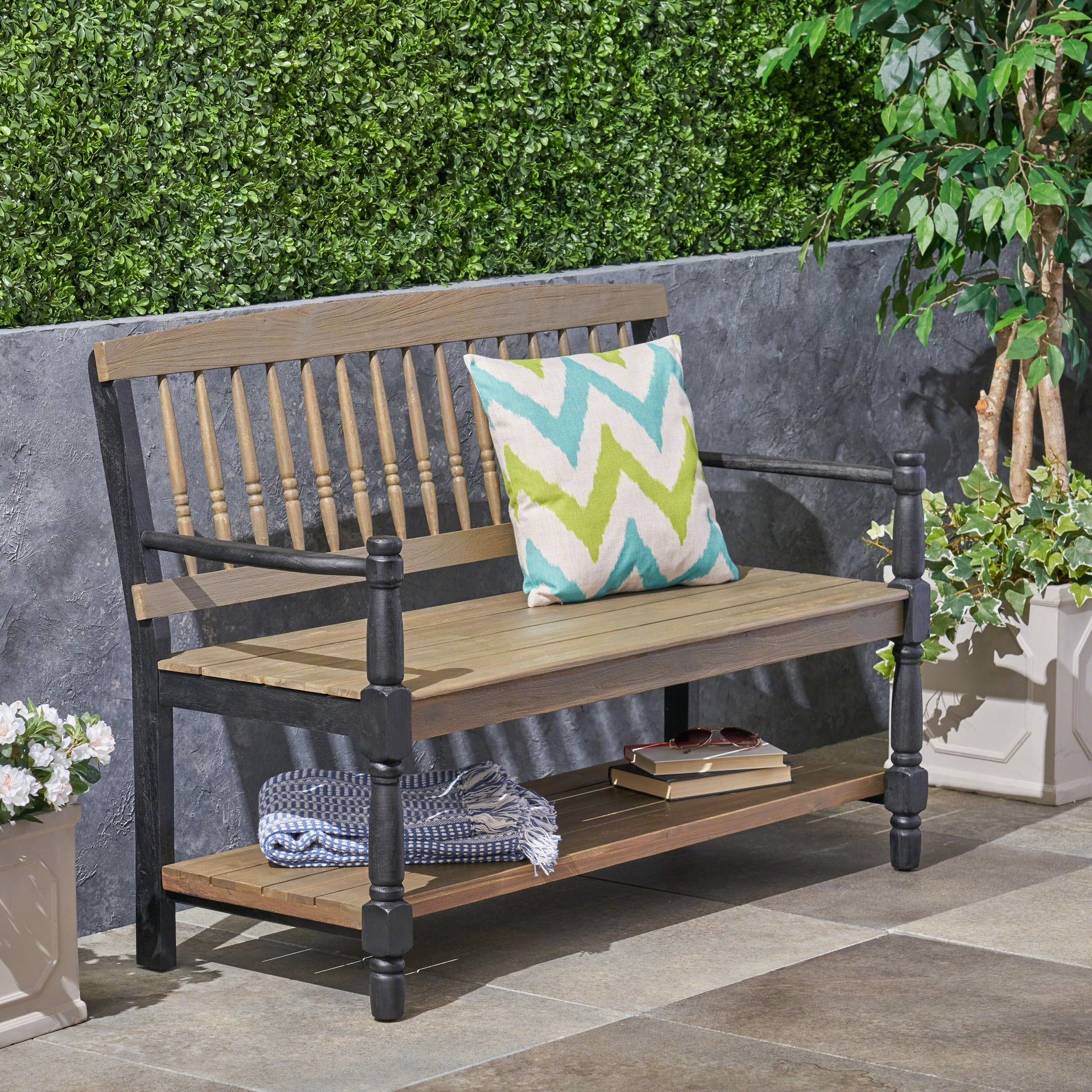 Outdoor Acacia Wood Bench with Shelf - NH733503 stair tread rug, stair mat