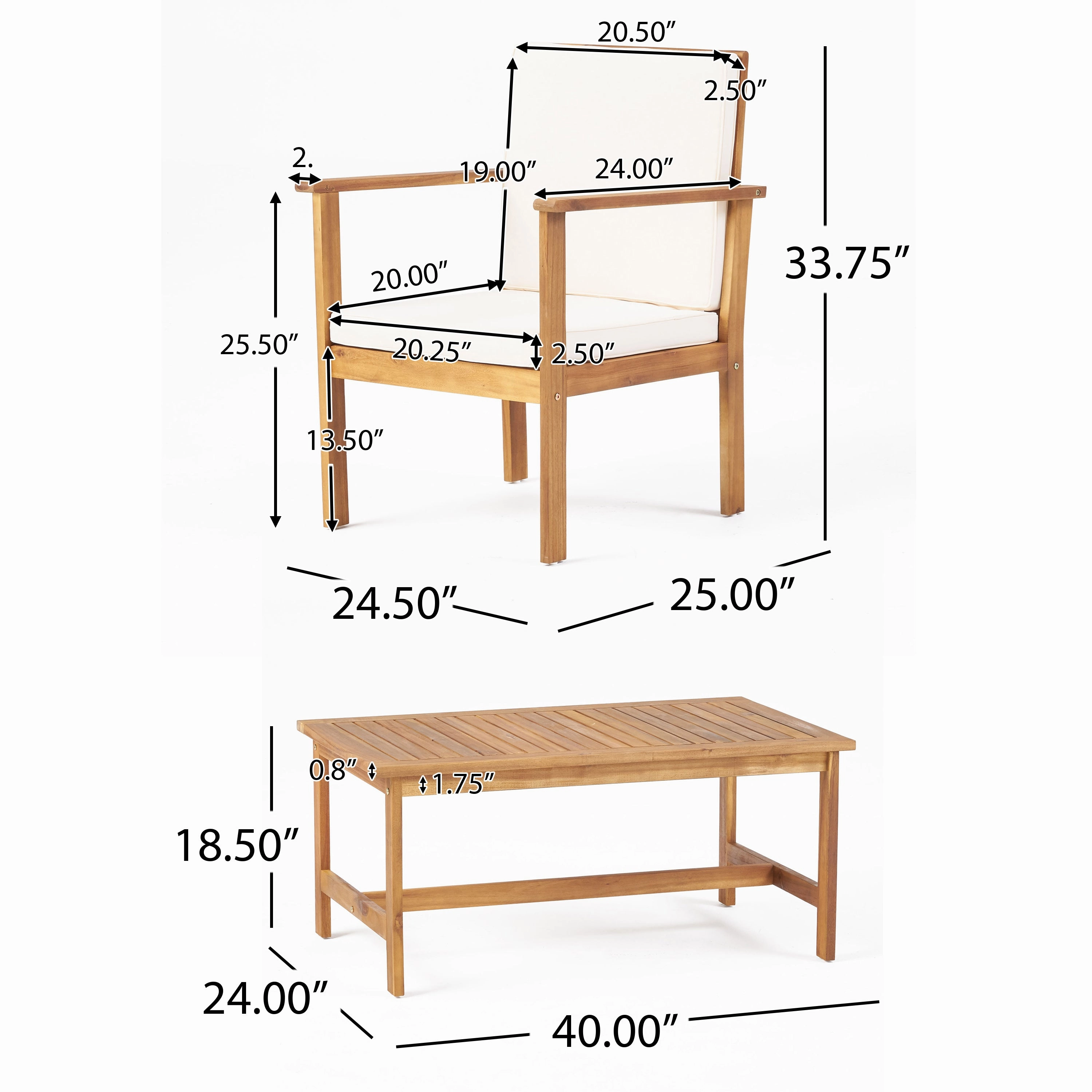 Outdoor Acacia Wood Club Chair and Coffee Table Set with Cushions