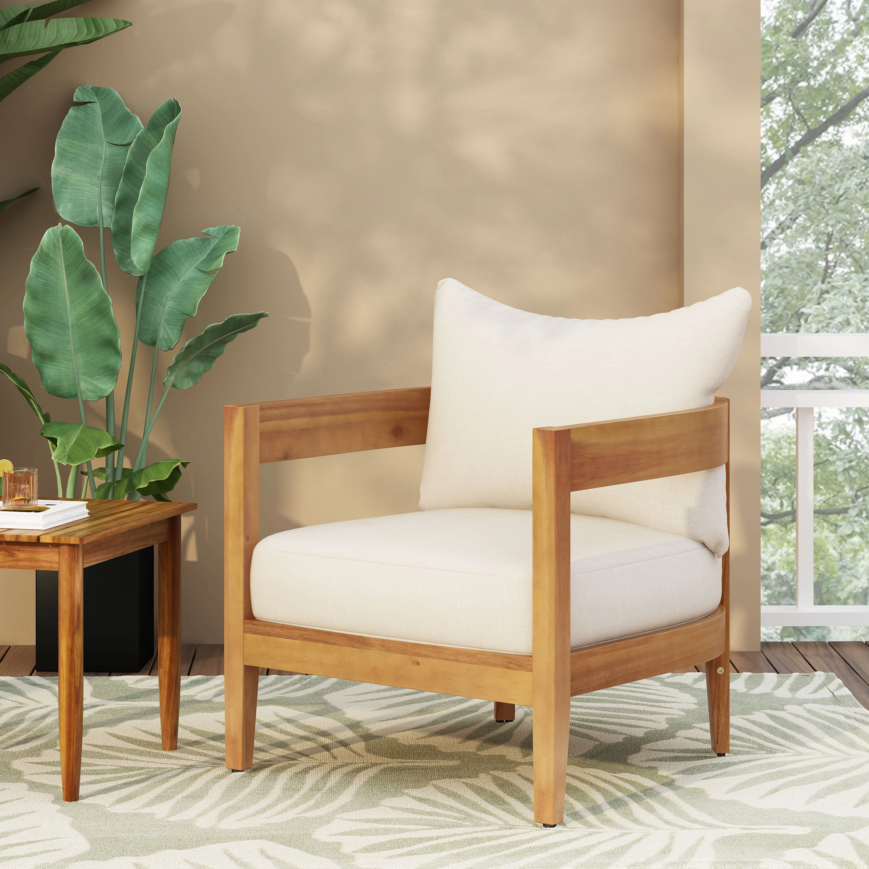Outdoor Acacia Wood Club Chair with Cushions - NH593213