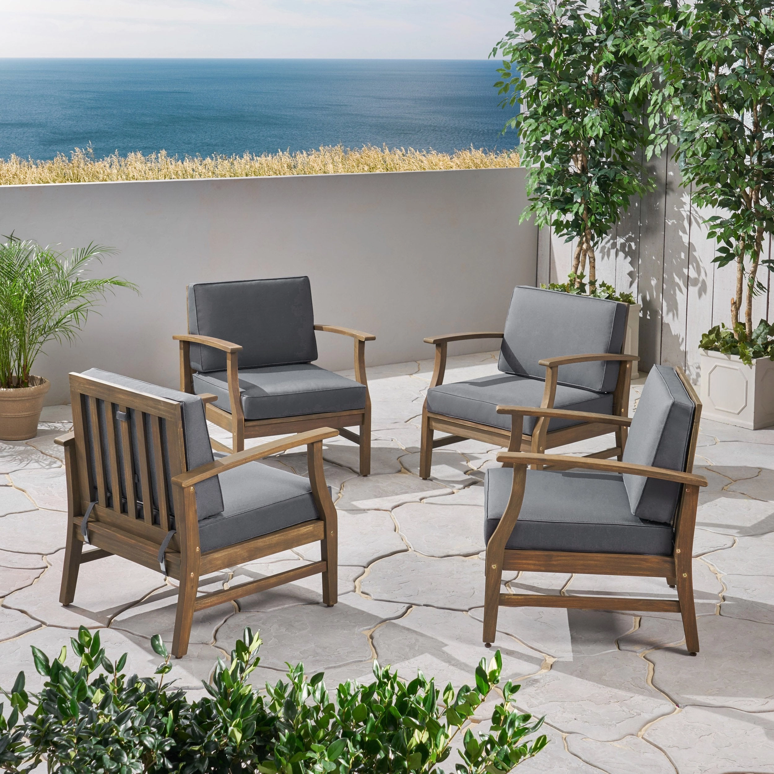 Outdoor Acacia Wood Club Chairs with Cushions - NH397703