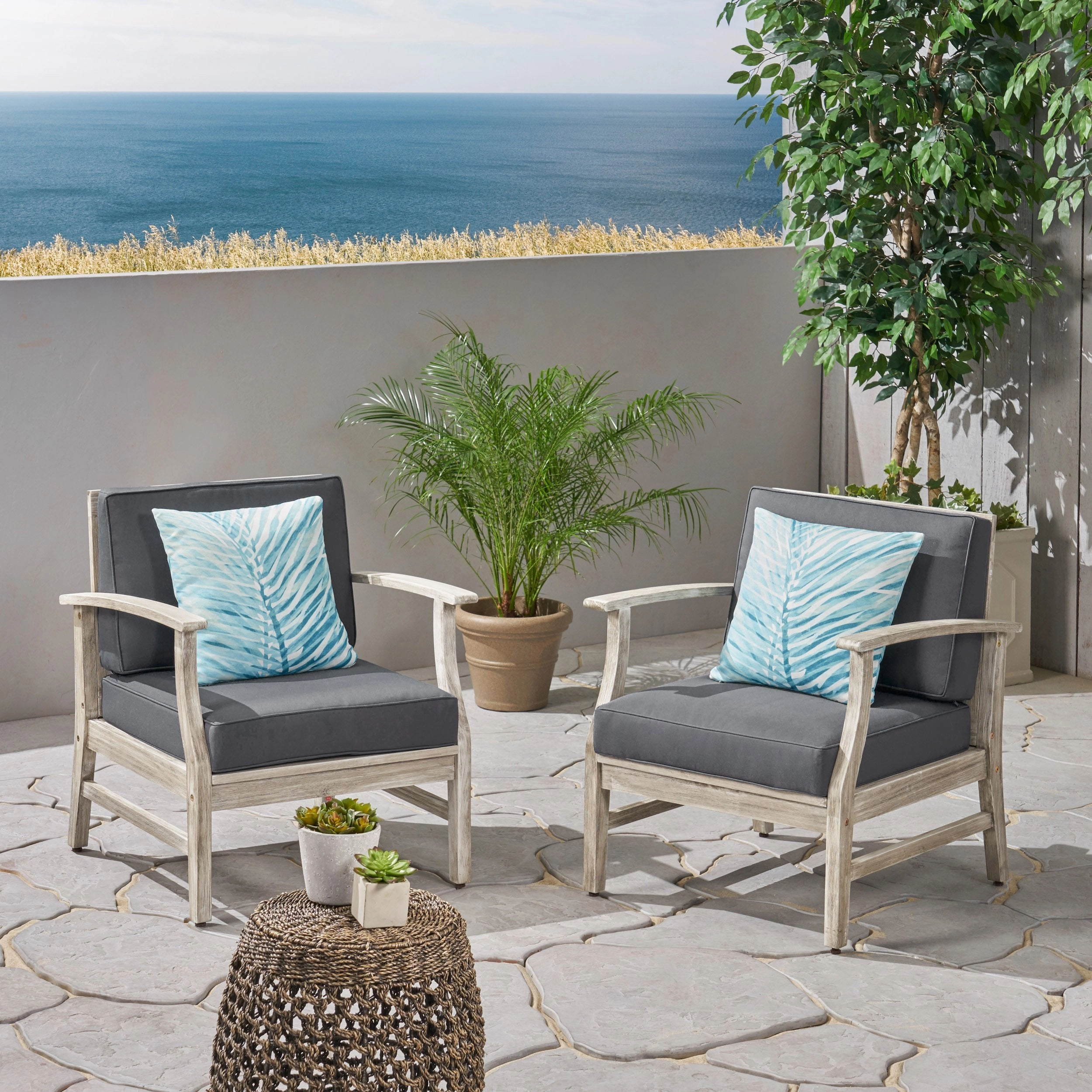 Outdoor Acacia Wood Club Chairs with Cushions (Set of 2), Light Gray and Dark Gray - NH803803 chandelier, pendant light