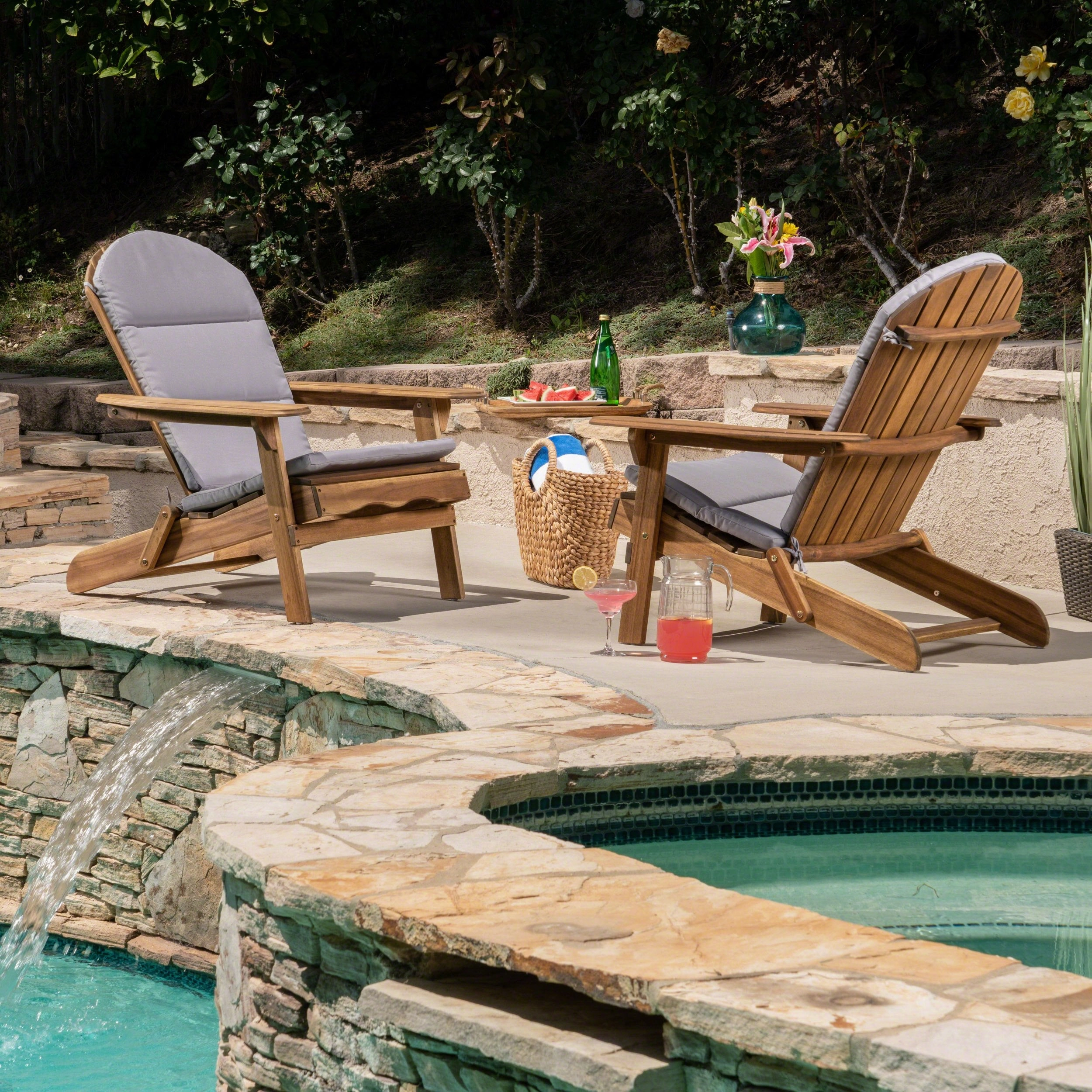 Outdoor Acacia Wood Folding Adirondack Chairs with Cushions - NH916403