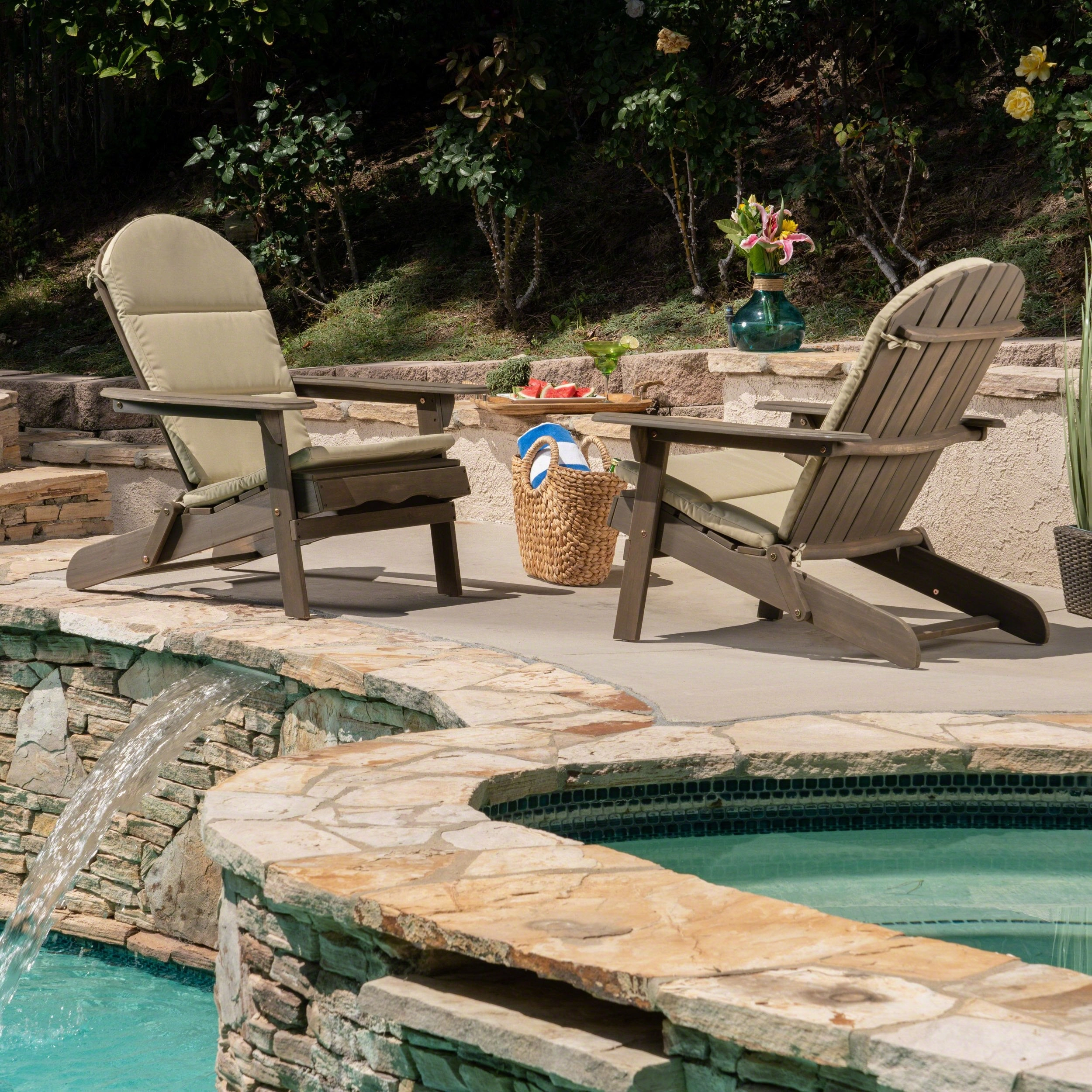 Outdoor Acacia Wood Folding Adirondack Chairs with Cushions - NH916403