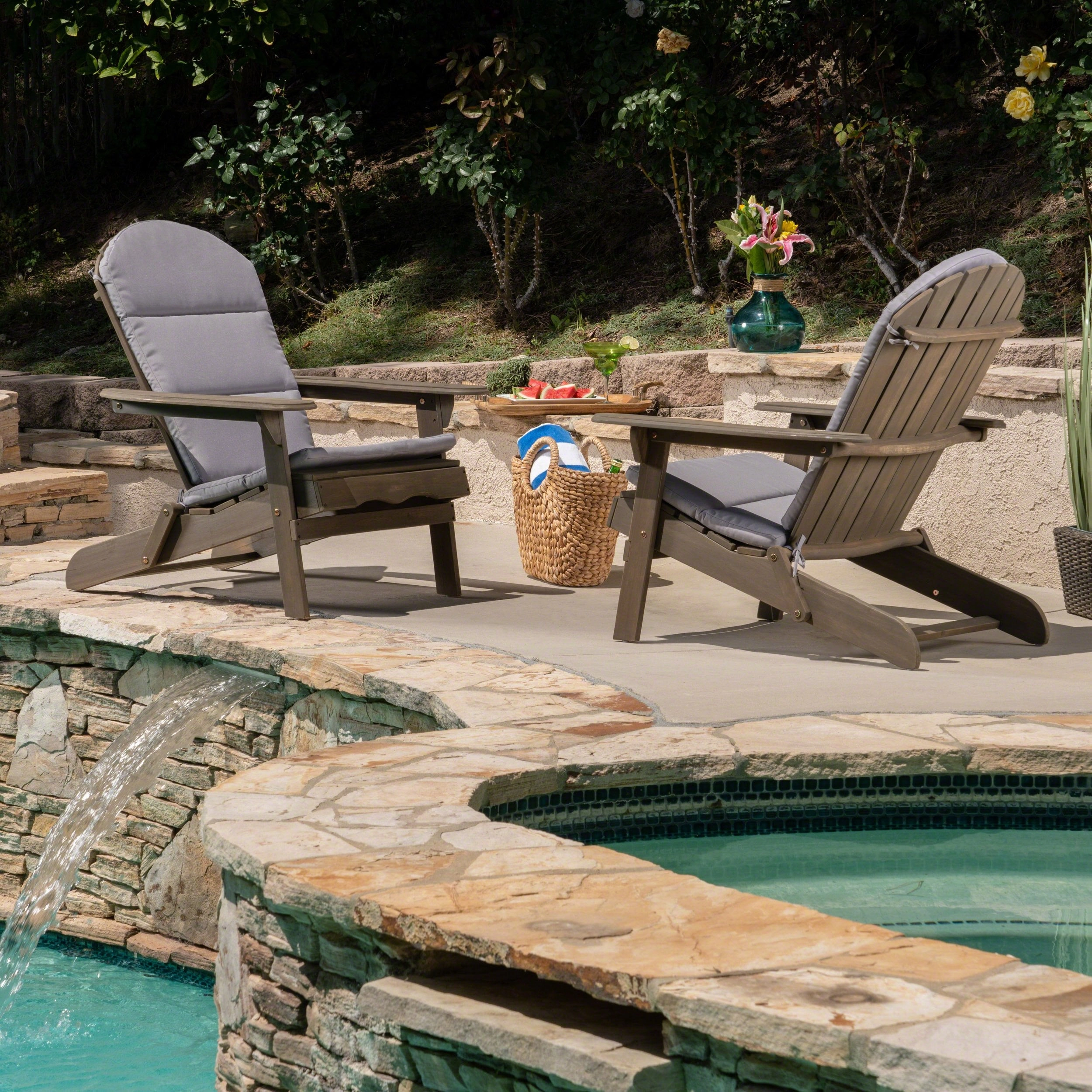 Outdoor Acacia Wood Folding Adirondack Chairs with Cushions - NH916403