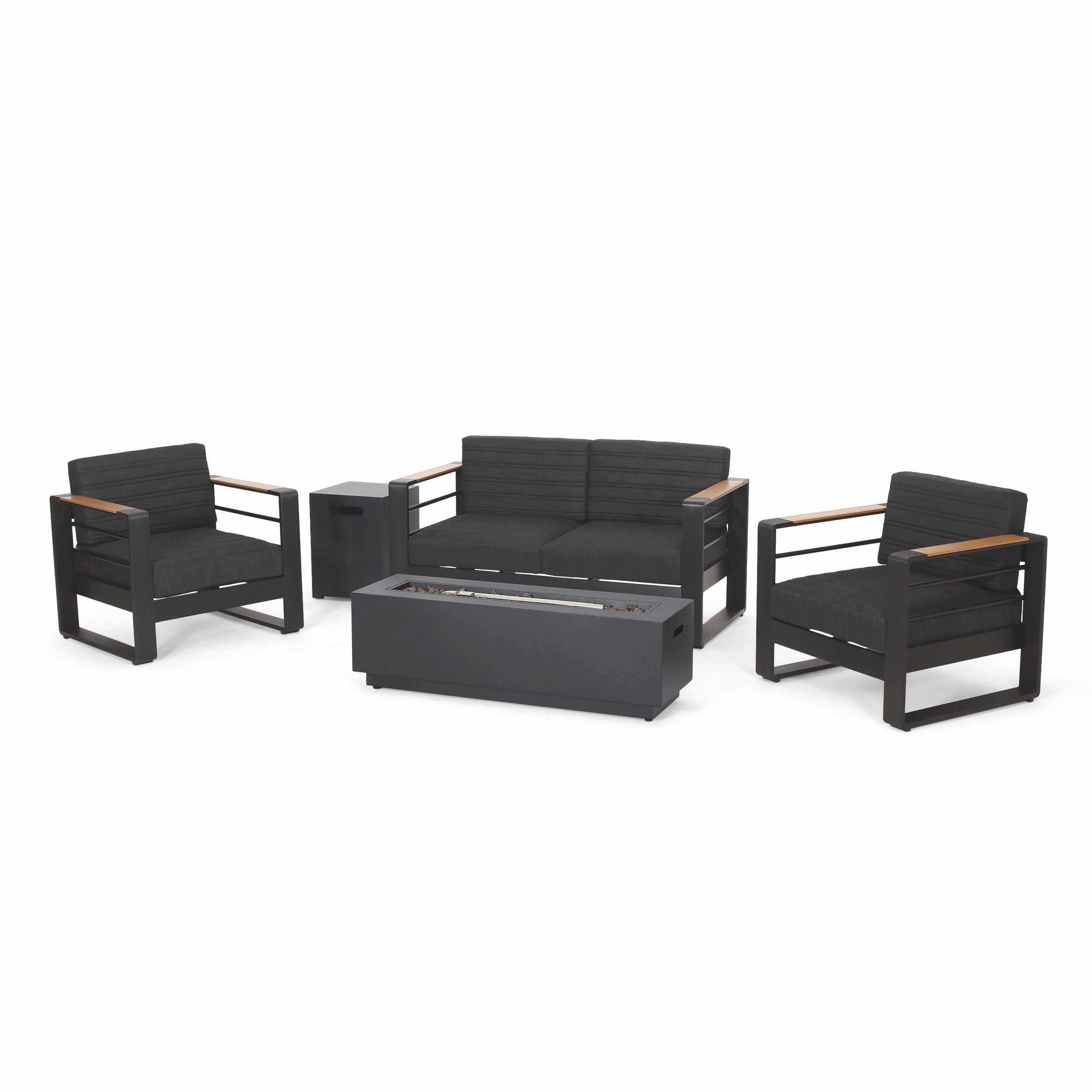 Outdoor Aluminum 4 Seater Chat Set with Fire Pit, Black, Natural, and Dark Gray - NH634413 clothes rack, garment rack