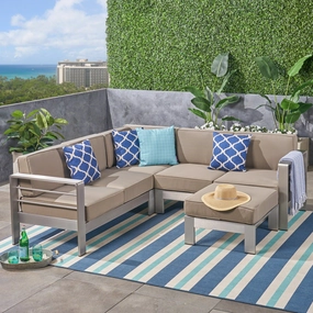 Outdoor Aluminum 5-Seater V-Shape Sectional Sofa Set with Ottoman, Silver and Khaki - NH343603 serving bowl, serving dish