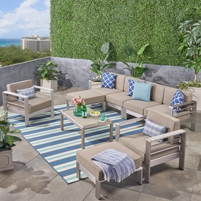 Outdoor Aluminum 6-Seater Sectional Sofa Set with Ottomans and Coffee Table, Silver and Khaki - NH943603 serving bowl, serving dish