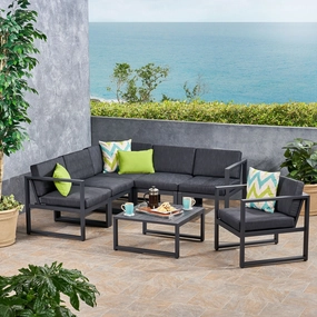 Outdoor Aluminum 6 Seater Sofa Set, Black and Dark Gray - NH286503 cushion cover, soft furnishing