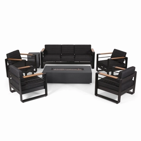 Outdoor Aluminum 7 Seater Chat Set with Fire Pit, Black, Natural, and Dark Gray - NH458413 clothes rack, garment rack