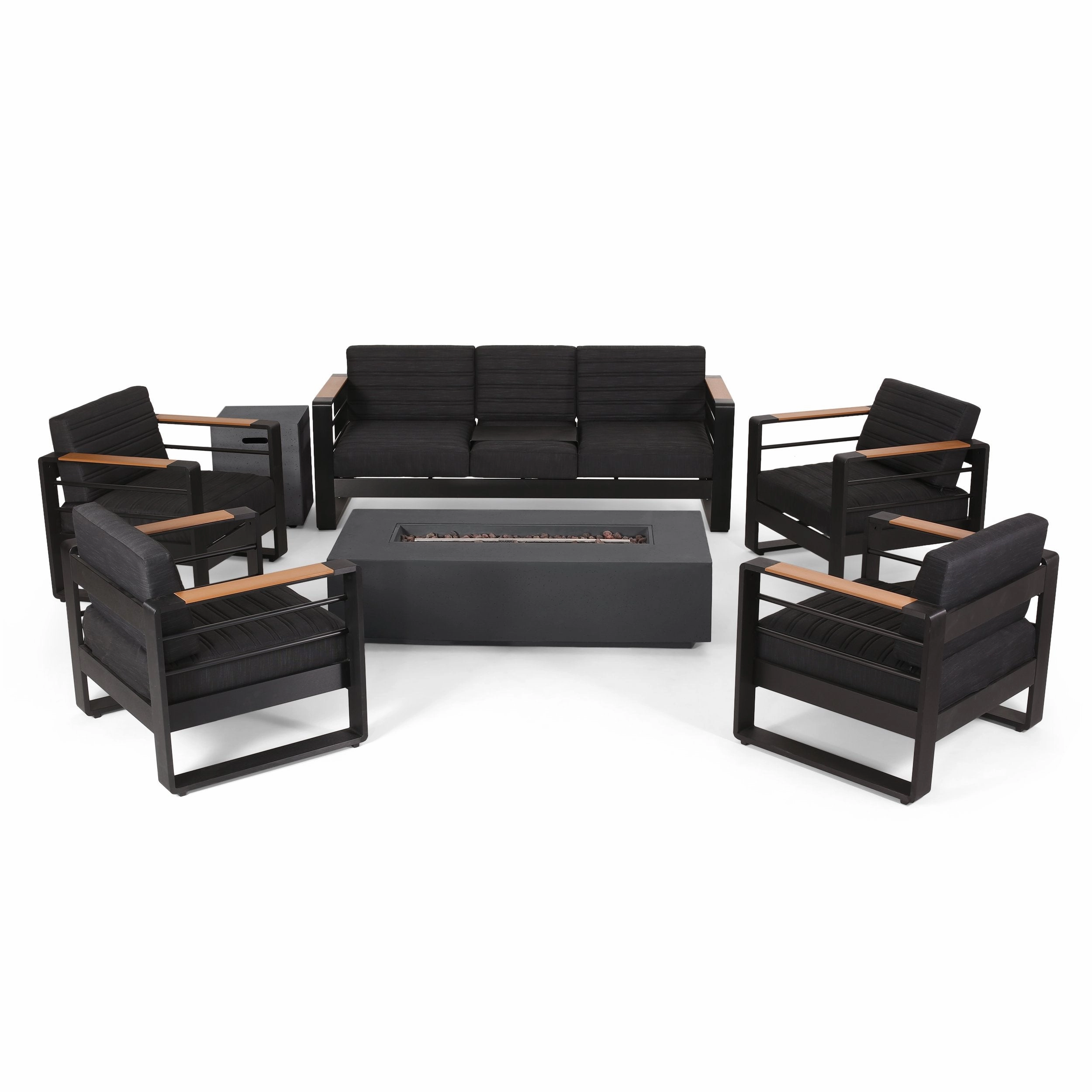 Outdoor Aluminum 7 Seater Chat Set with Fire Pit, Black, Natural, and Dark Gray - NH458413 clothes rack, garment rack
