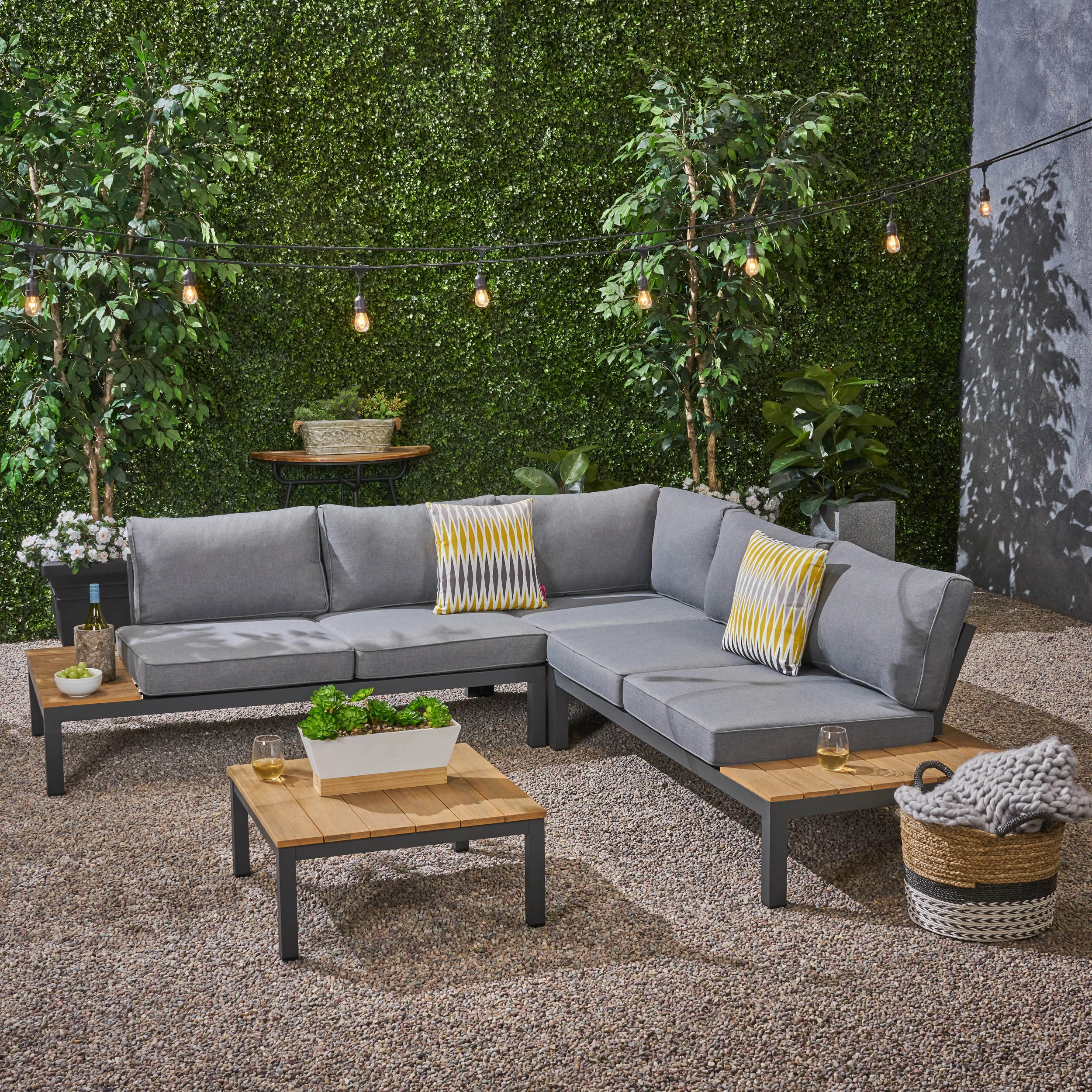 Outdoor Aluminum and Wood V-Shaped Sofa Set with Cushions - NH464603