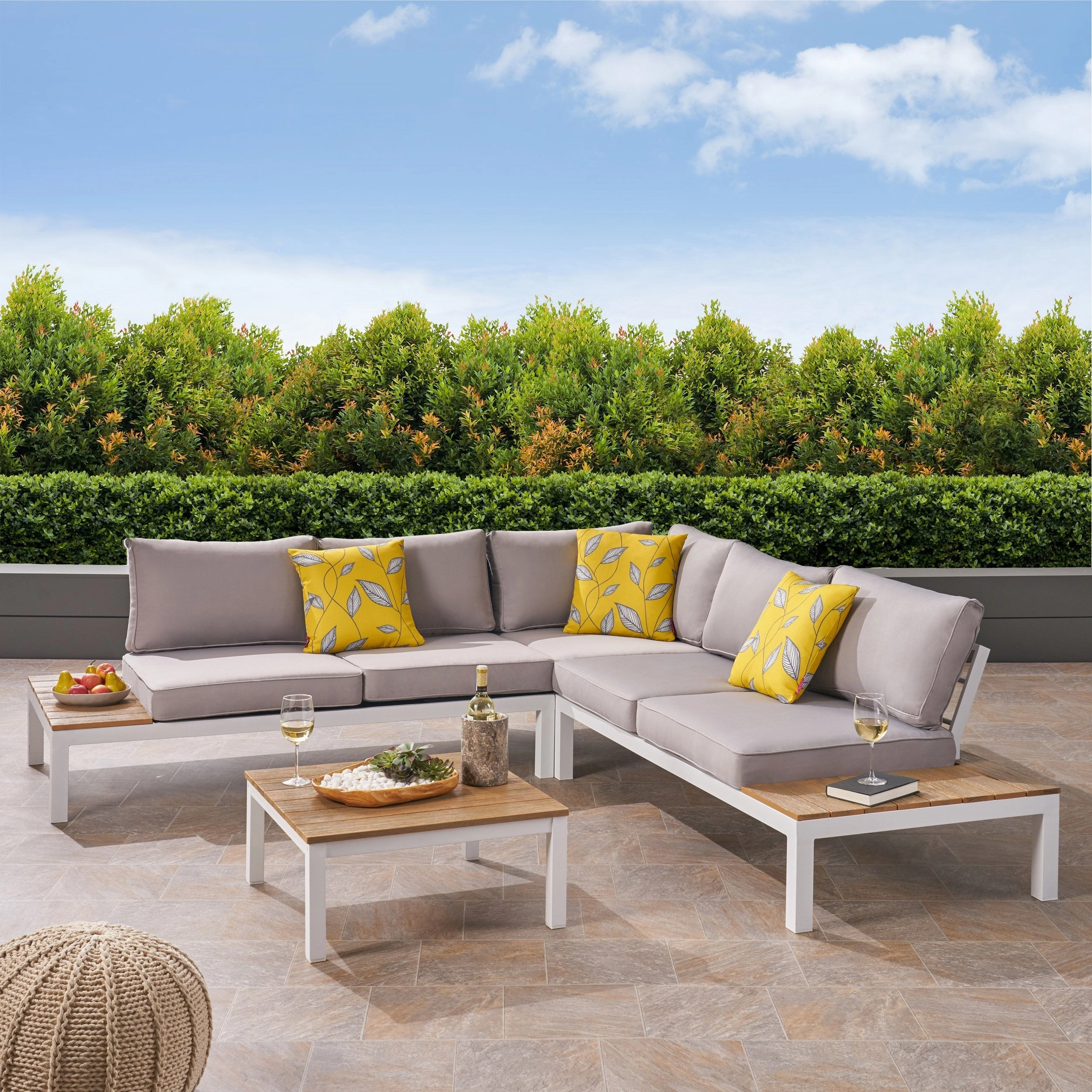 Outdoor Aluminum and Wood V-Shaped Sofa Set with Cushions - NH464603