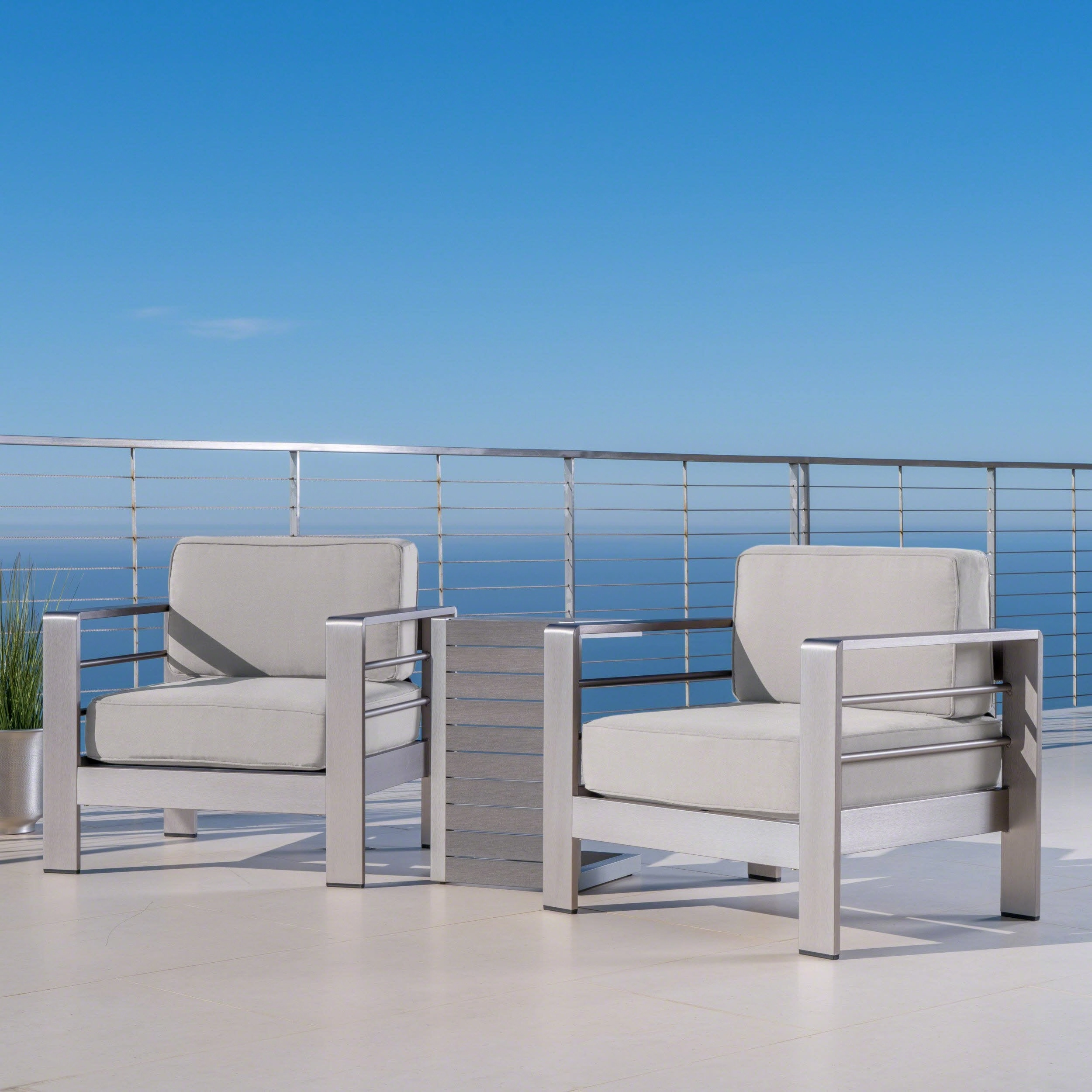 Outdoor Aluminum Club Chairs and Faux Wood Side Table Set with Cushions - NH367403