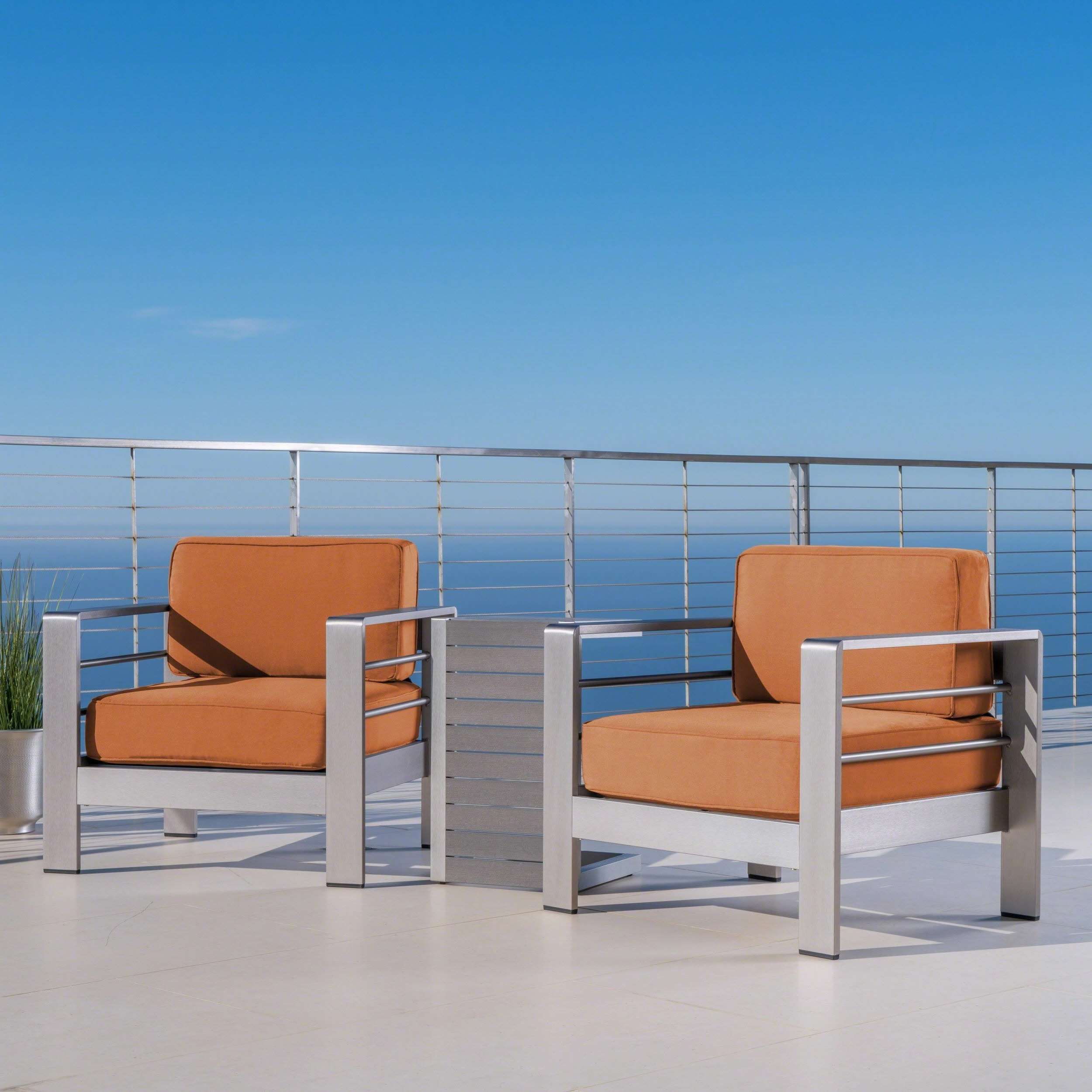 Outdoor Aluminum Club Chairs and Faux Wood Side Table Set with Cushions - NH367403
