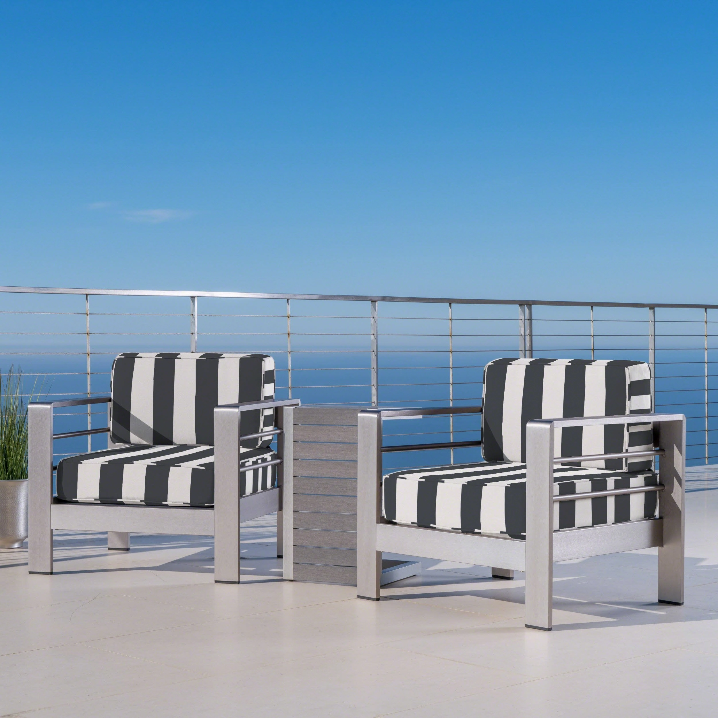 Outdoor Aluminum Club Chairs and Faux Wood Side Table Set with Cushions, Silver and Cabana Classic Sunbrella (Optional Sunbrella Cushions) - NH467403 clothes rack, garment rack