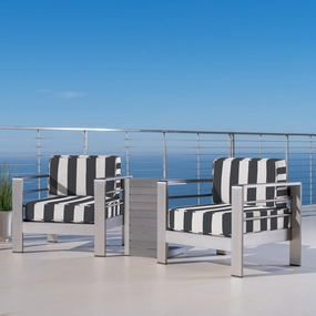 Outdoor Aluminum Club Chairs and Faux Wood Side Table Set with Cushions, Silver and Cabana Classic Sunbrella (Optional Sunbrella Cushions) - NH467403 clothes rack, garment rack