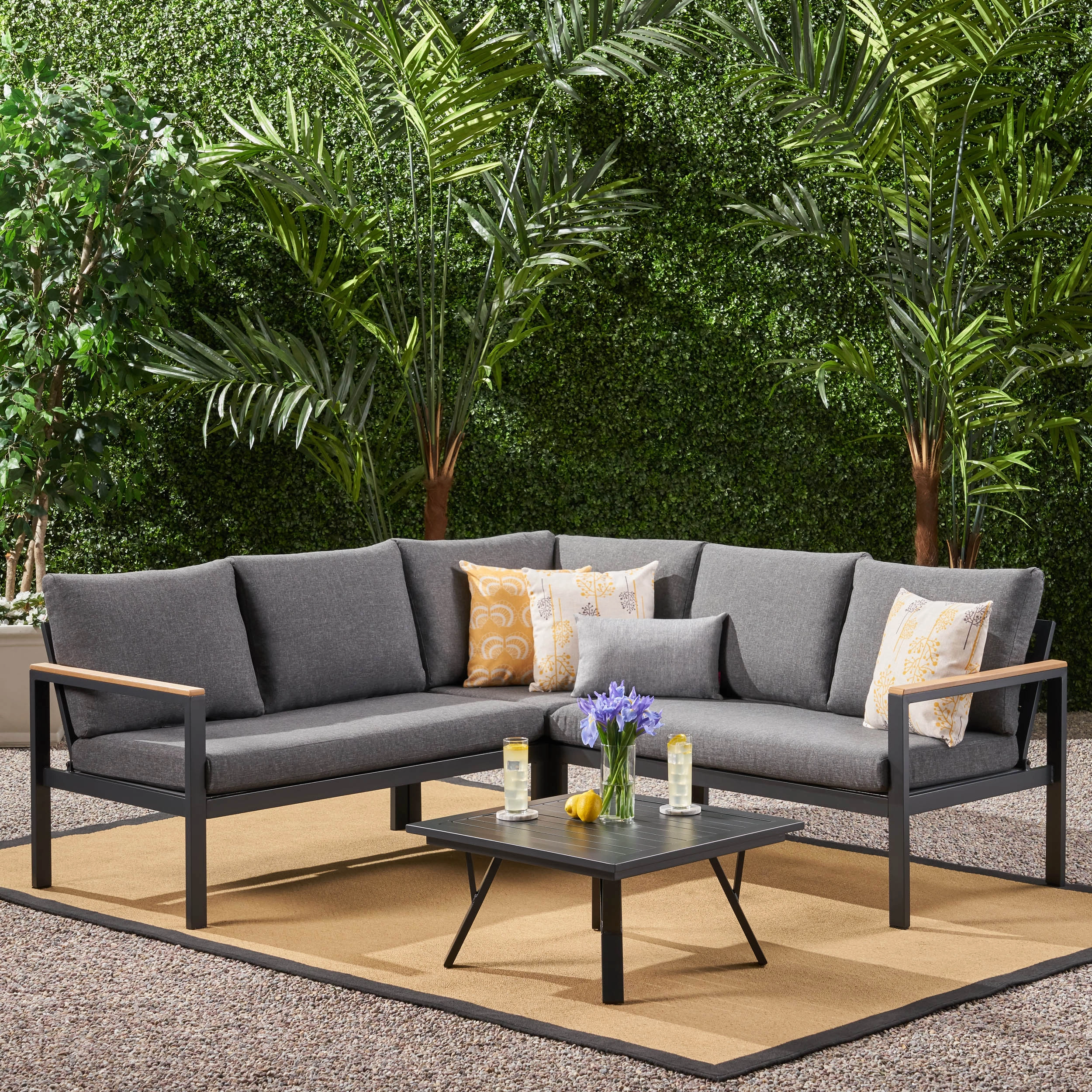 Outdoor Aluminum V-Shaped Sofa Set with Faux Wood Accents, Gray Finish and Gray - NH503903 serving bowl, serving dish
