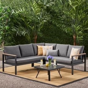 Outdoor Aluminum V-Shaped Sofa Set with Faux Wood Accents, Gray Finish and Gray - NH503903 serving bowl, serving dish