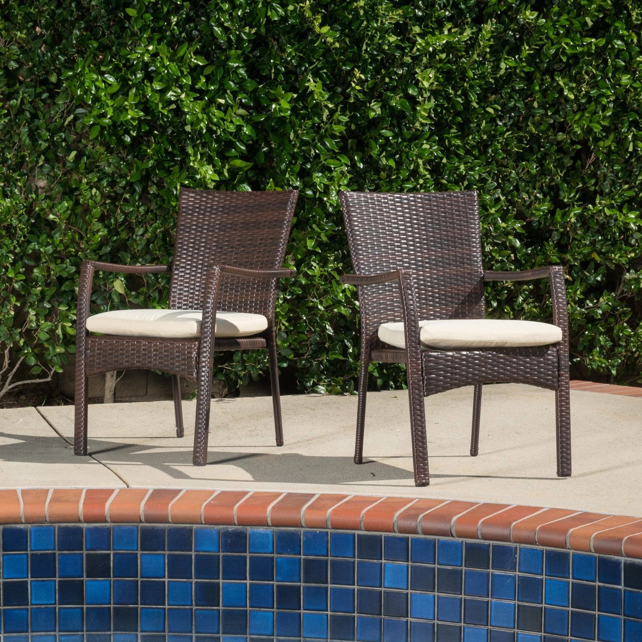 Outdoor Brown Wicker Dining Chair with Beige Cushion (Set of 2) - NH878592 chandelier, pendant light