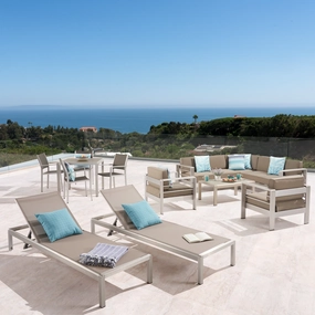 Outdoor Estate Collection - 4-Seat Dining Set, 3-Piece Sectional Sofa Set, 2 Club Chairs, 2 Chaise Lounges, Coffee Table - Aluminum - Faux Wood Table Top - Silver, Gray, Khaki - NH420703 cushion cover, soft furnishing