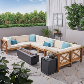 Outdoor Farmhouse Acacia Wood 8 Seater U-Shaped Sectional Sofa Set with Fire Pit - NH557603 serving bowl, serving dish