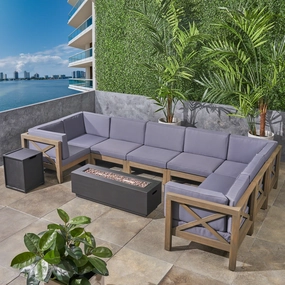 Outdoor Farmhouse Acacia Wood 8 Seater U-Shaped Sectional Sofa Set with Fire Pit - NH757603 serving bowl, serving dish