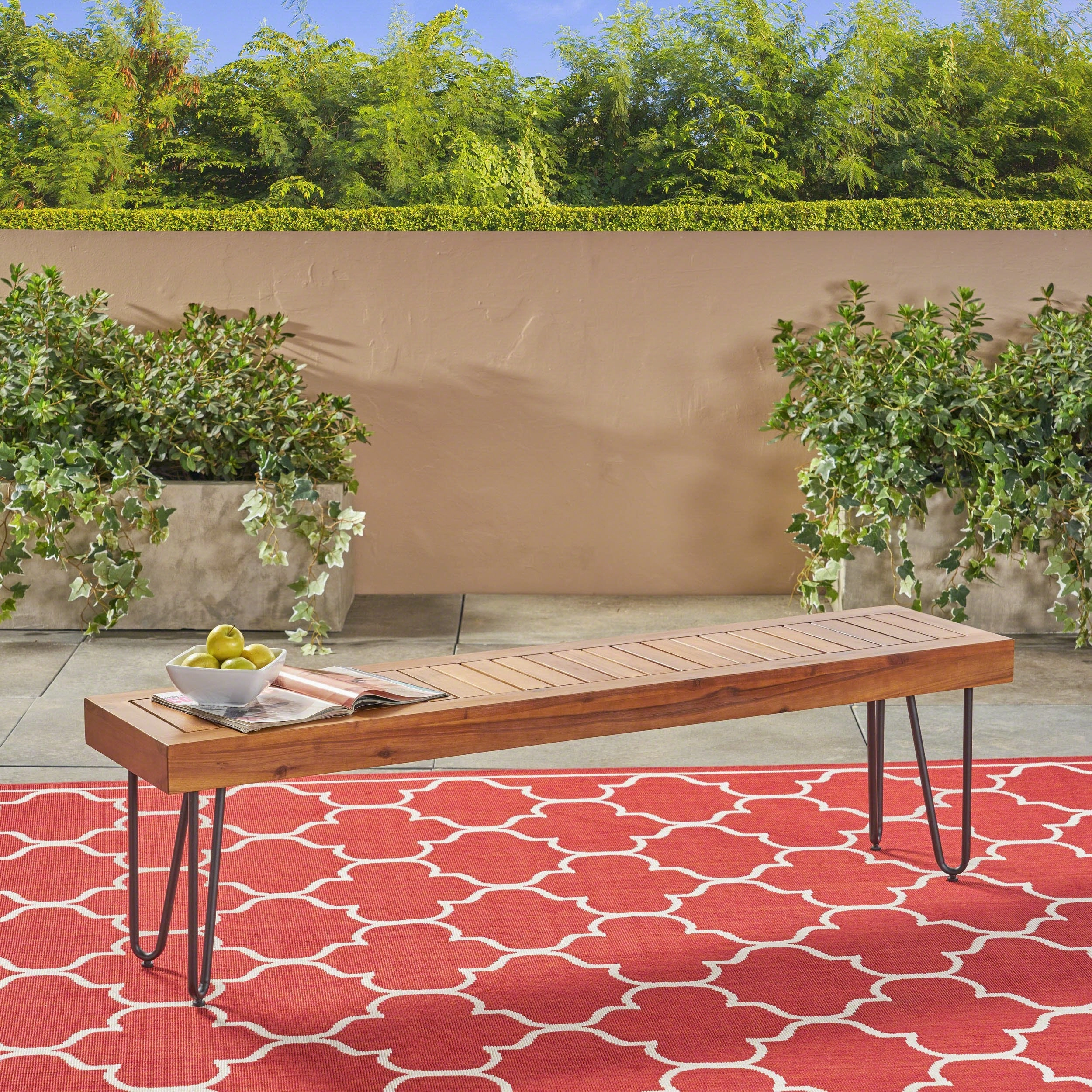 Outdoor Farmhouse Slat-Top Acacia Wood Bench w/ Metal Hairpin Legs - NH978403 stair tread rug, stair mat