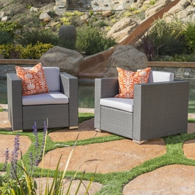 Outdoor Grey Wicker Club Chair with Silver Water Resistant Fabric Cushions (Set of 2) - NH788992 chandelier, pendant light