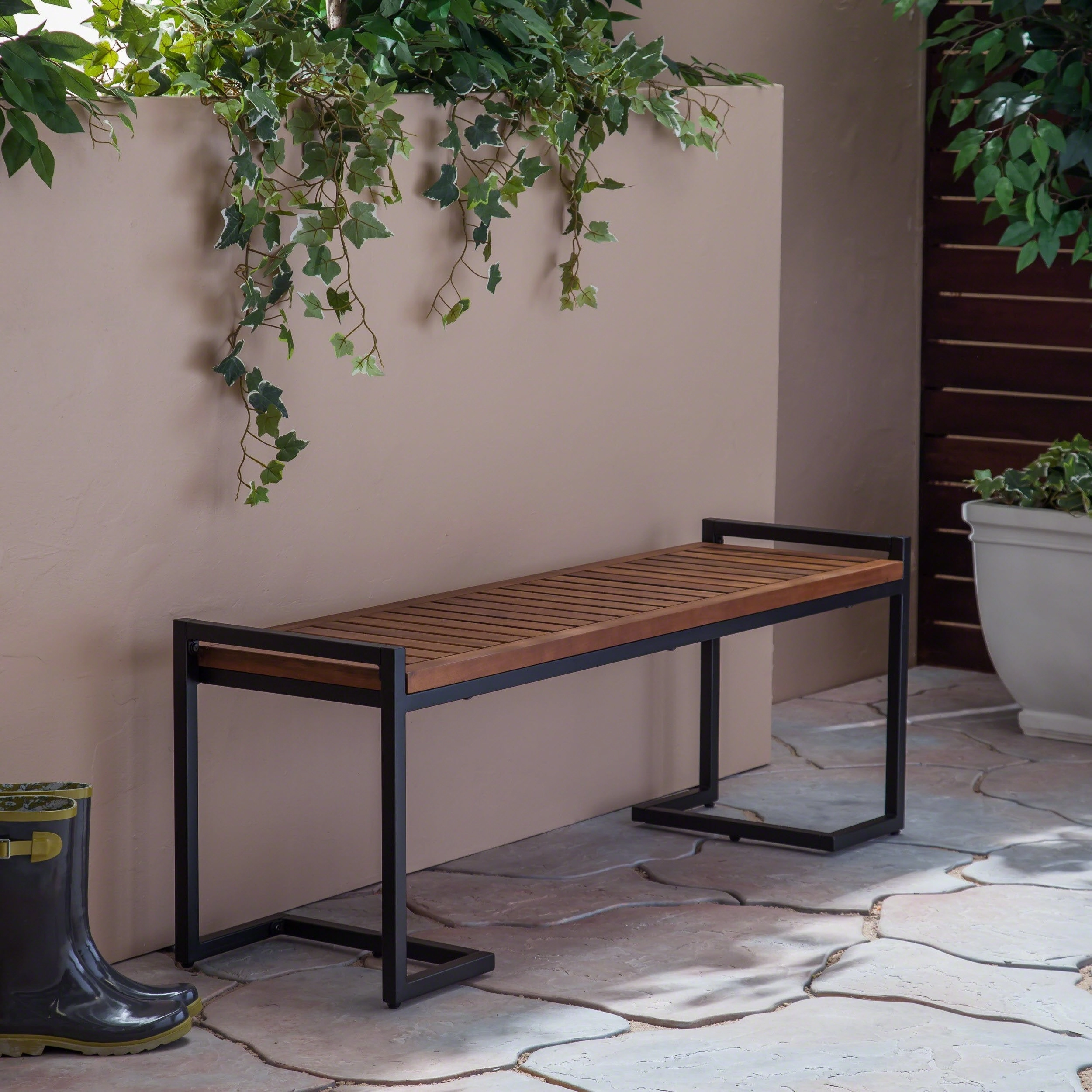 Outdoor Industrial Acacia Wood and Iron Bench - NH724603