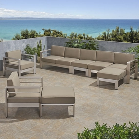 Outdoor Modern 7 Seater Aluminum Chat Set with Ottomans, Silver and Khaki - NH668903 cushion cover, soft furnishing