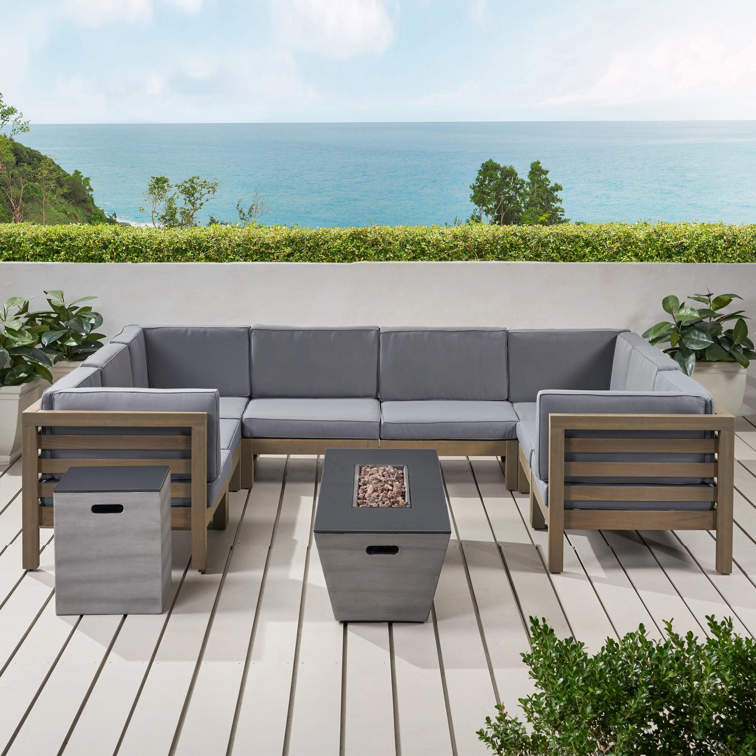 Outdoor Modern 8 Seater Acacia Wood Sectional Sofa Set with Fire Pit and Tank Holder - NH164113 cushion cover, soft furnishing