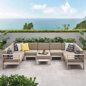 Outdoor Modern 9 Seater Aluminum U-Shaped Sofa Sectional Set with Ottoman, Silver and Khaki - NH868903 serving bowl, serving dish