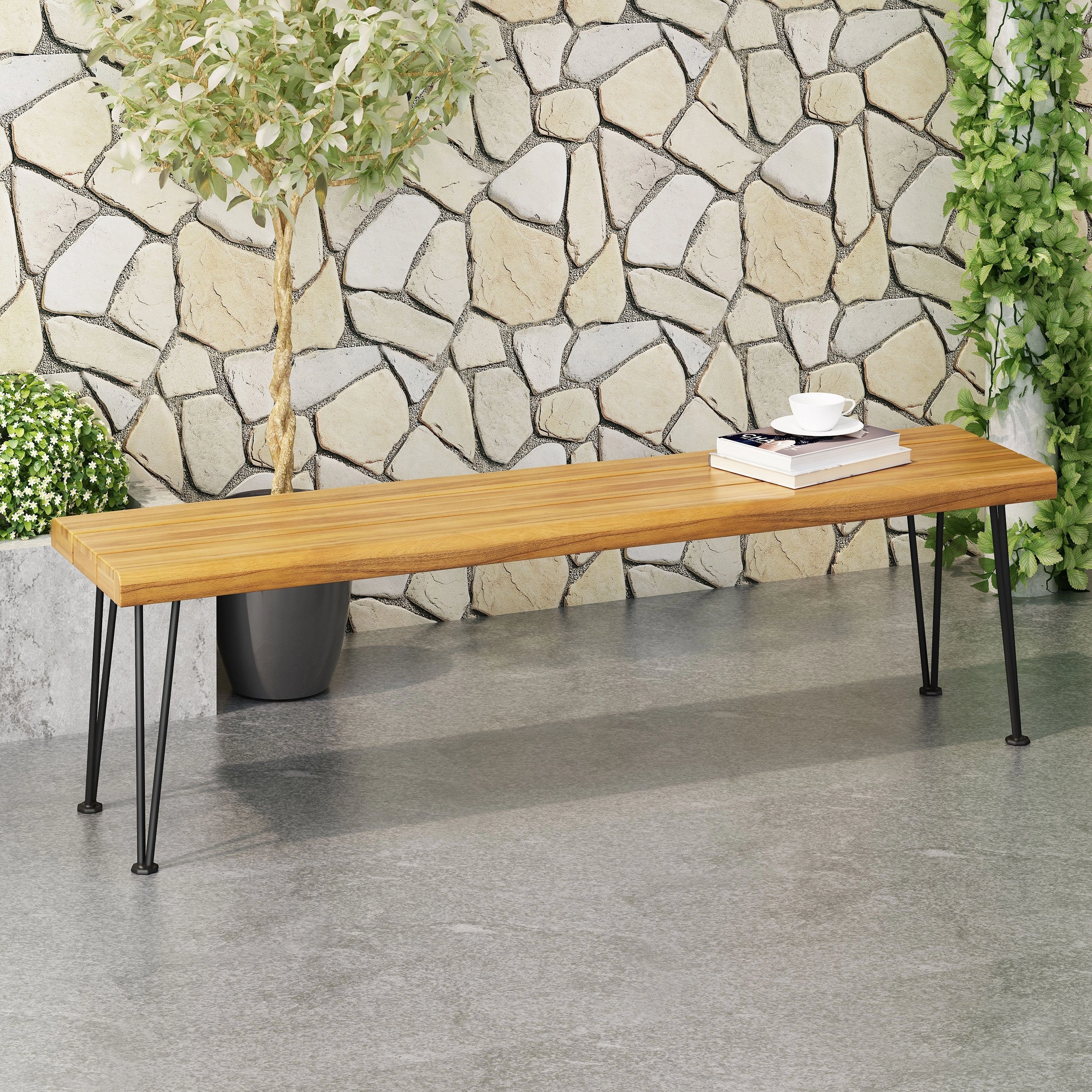 Outdoor Modern Industrial Acacia Wood Bench with Metal Hairpin Legs - NH087213 stair tread rug, stair mat