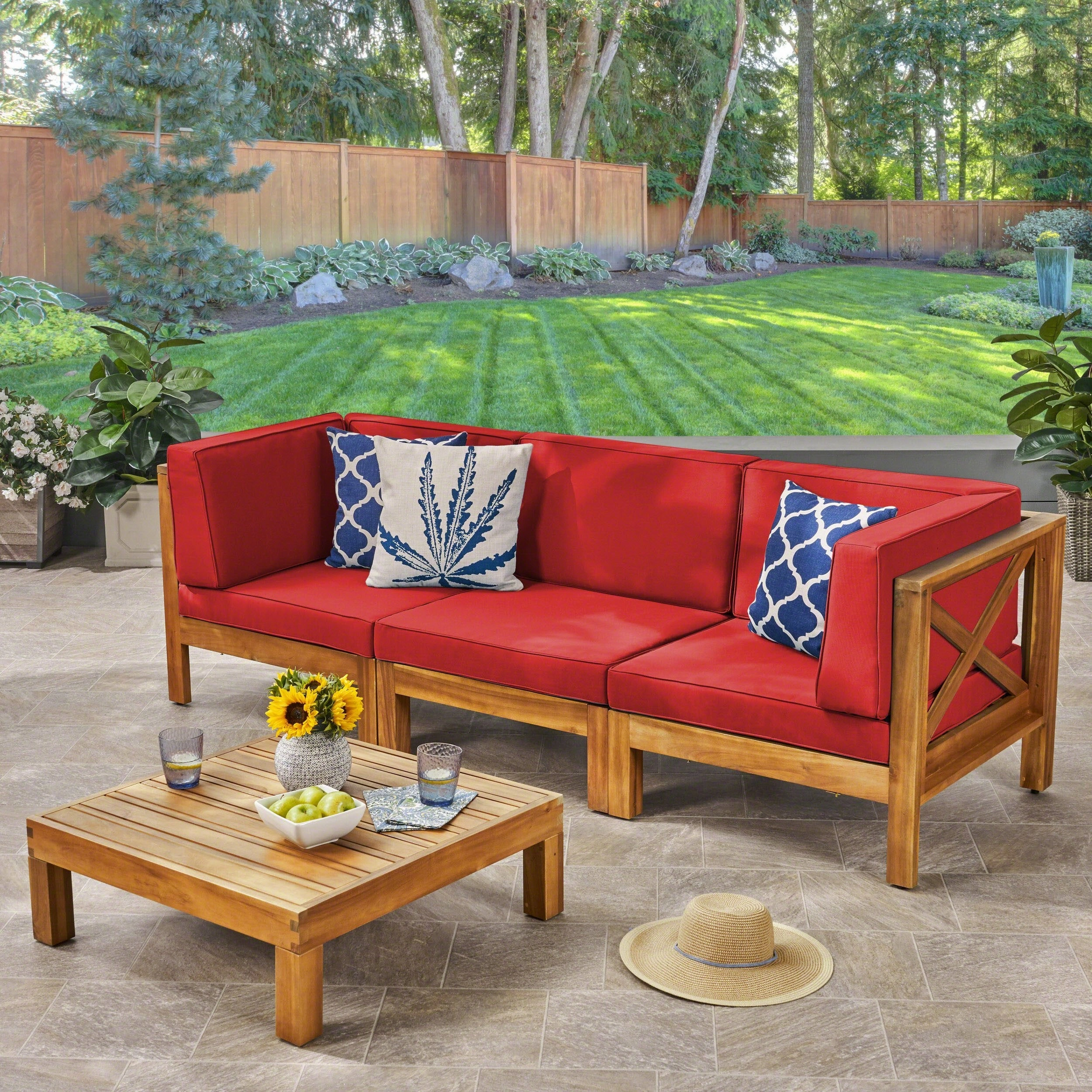 Outdoor Modular Acacia Wood Sofa and Coffee Table Set with Cushions - NH707603