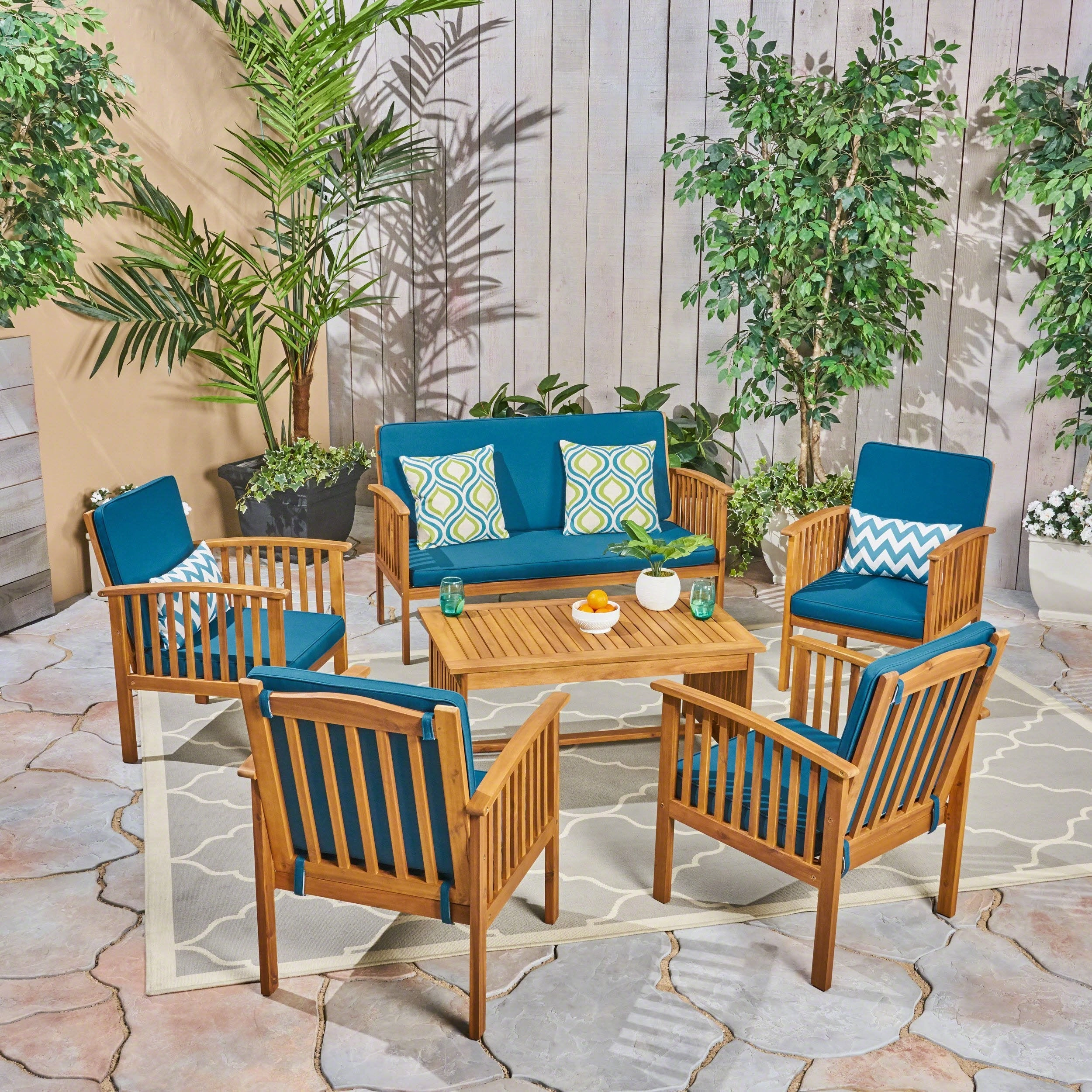 Outdoor Open Slat 6-Seater Acacia Wood Conversation Set with Coffee Table - NH390603