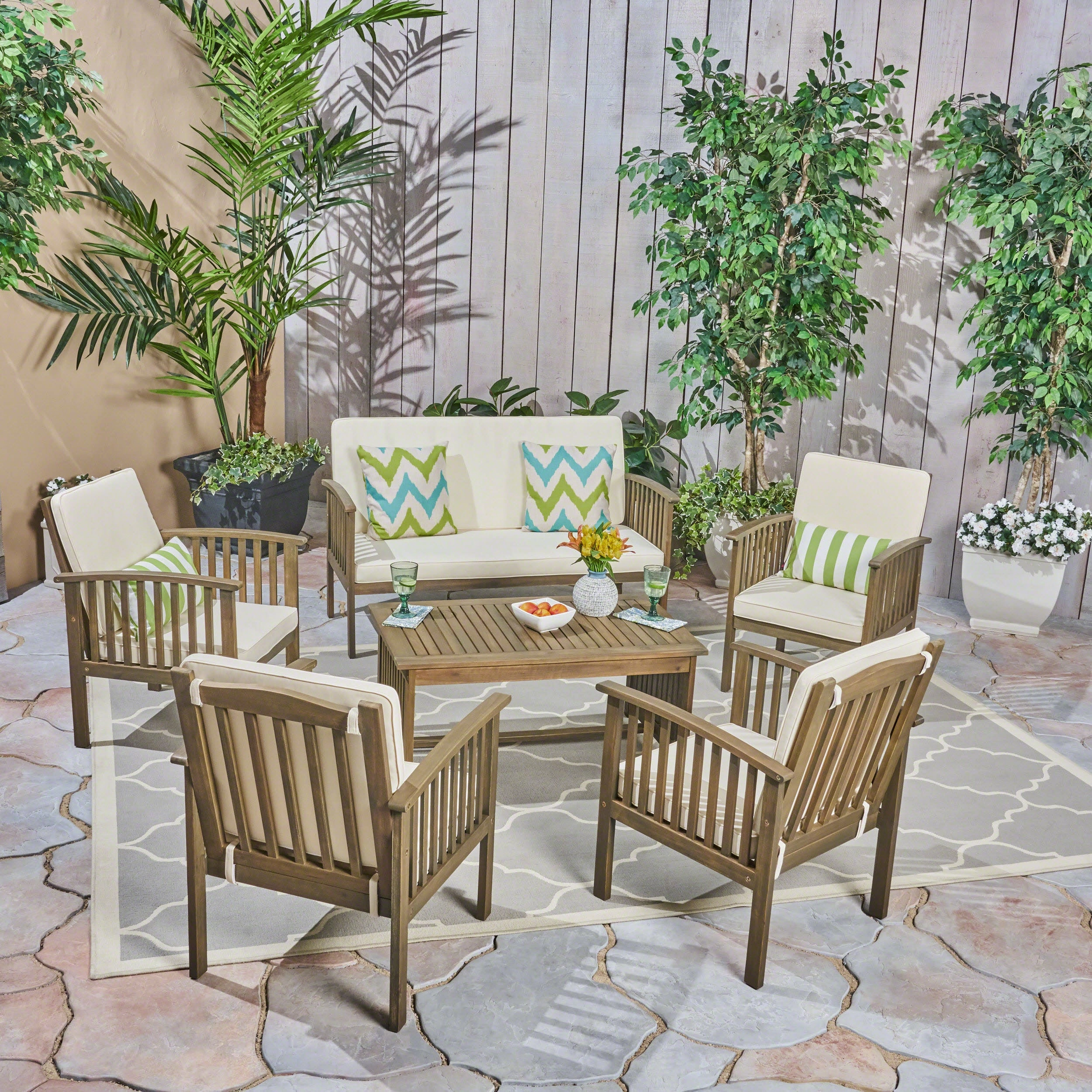 Outdoor Open Slat 6-Seater Acacia Wood Conversation Set with Coffee Table - NH390603