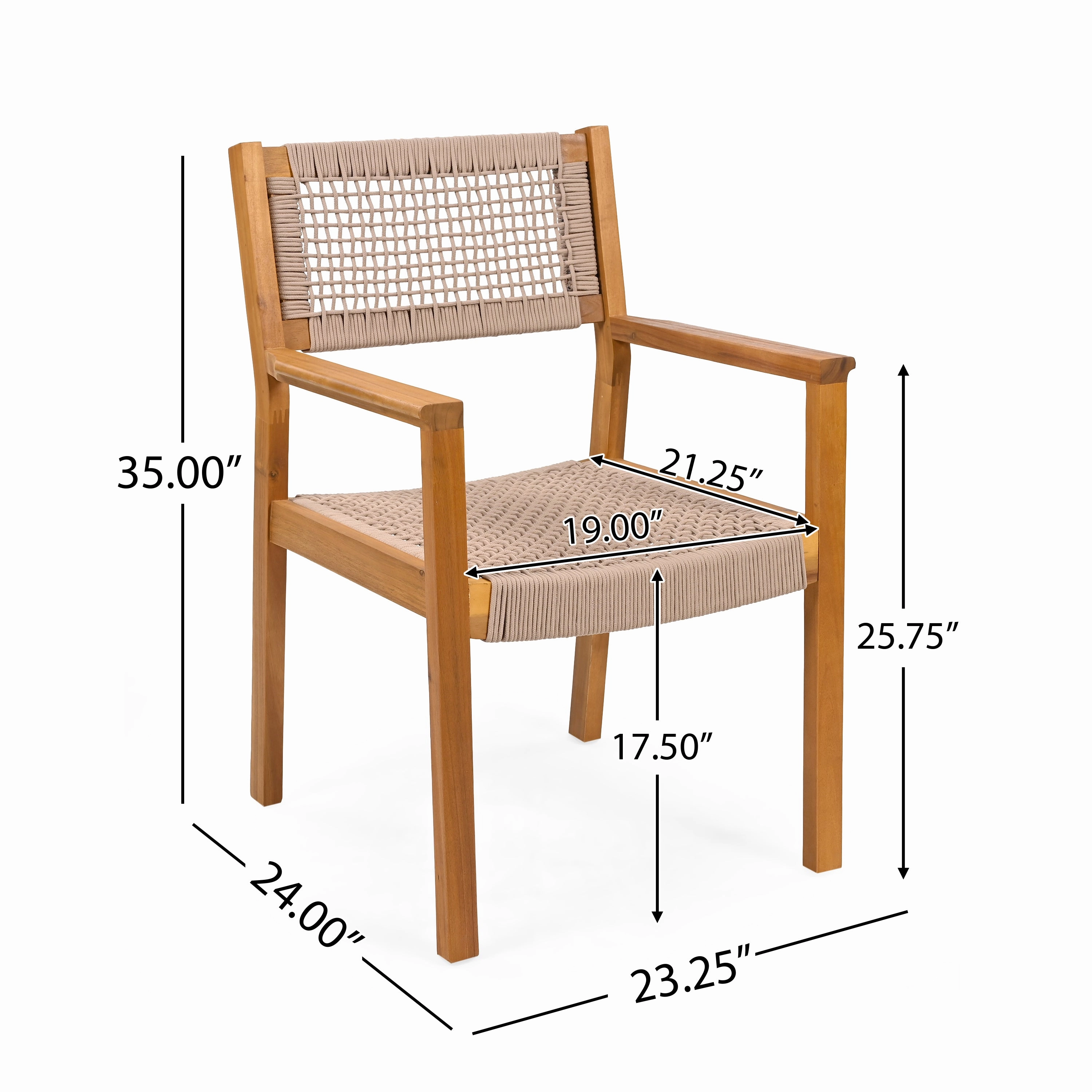 Outdoor Patio Acacia Wood Braided Rope Dining Chairs, Set of 2