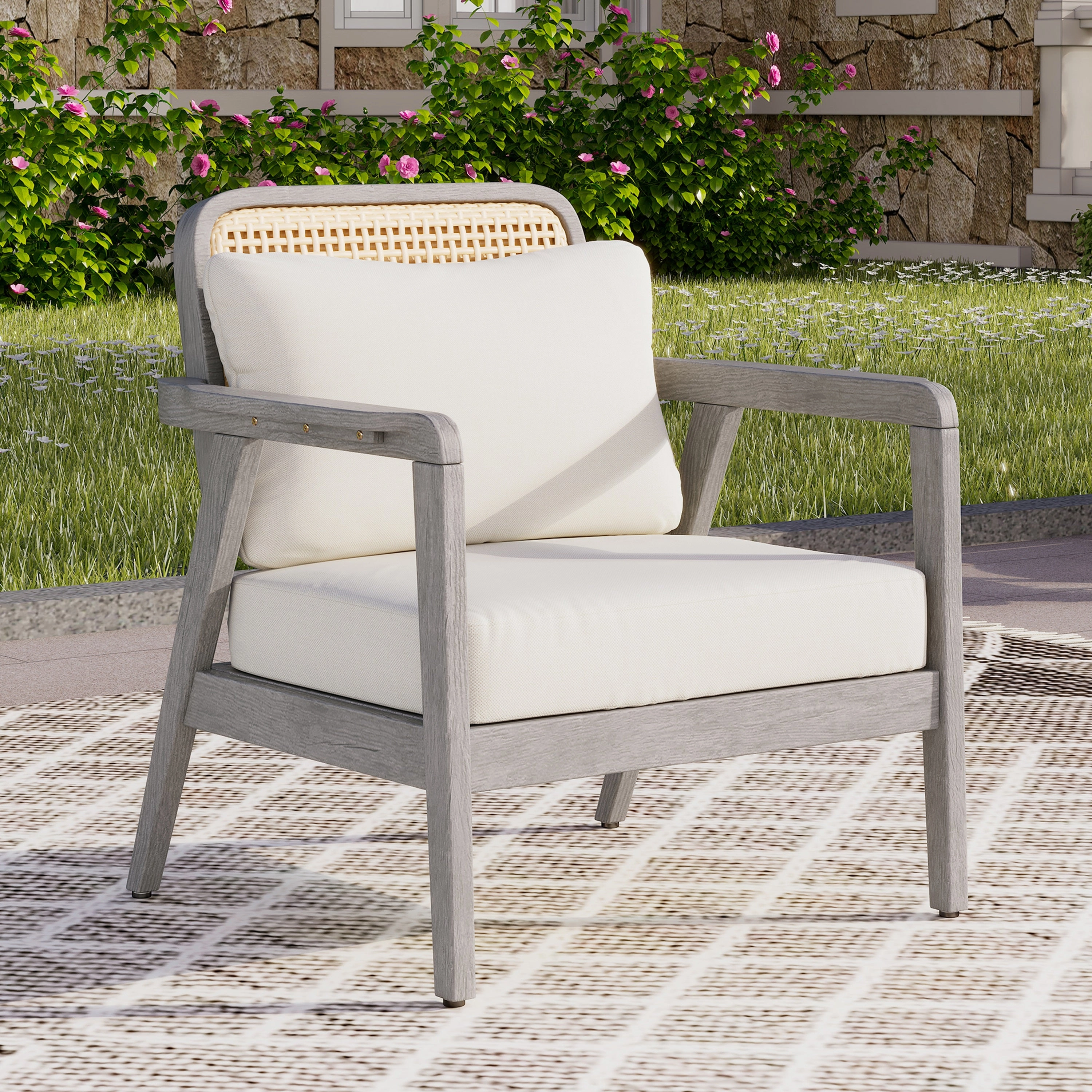 Outdoor Patio Club Chair  Solid Acacia Wood Frame with Criss-Cross Back & Water-Repellent Cushions